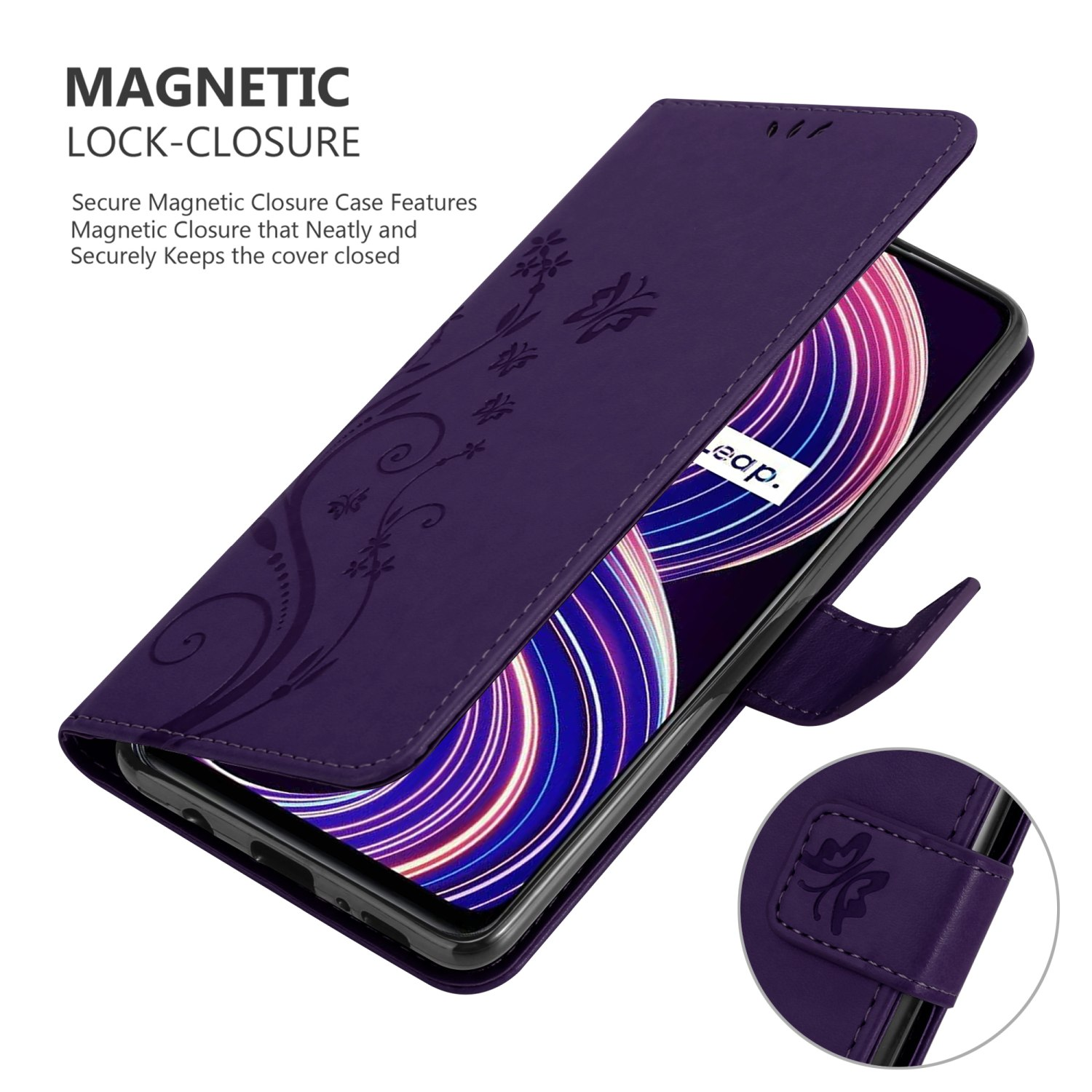 Custodia per telefono viola con design floreale, aperta, che rivela il telefono e gli slot per schede. Dettagli della chiusura magnetica.