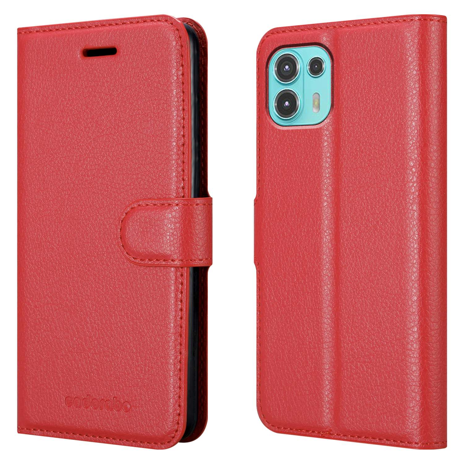 Custodia per telefono rossa. Il telefono è in una custodia a libro. La custodia è rossa con chiusura magnetica.