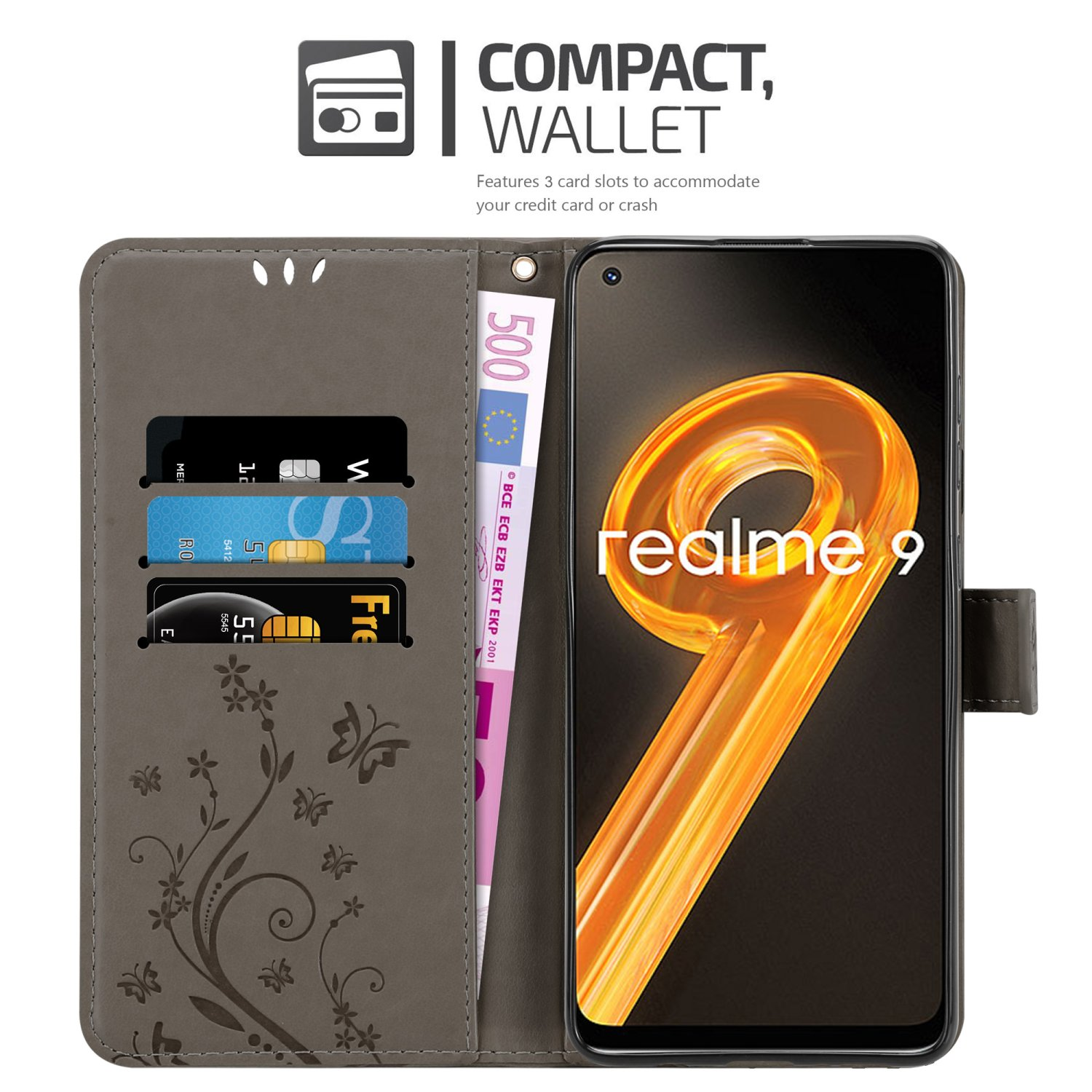 Portafoglio grigio aperto con carte e banconota da 500 euro, che tiene un telefono con testo "realme 9".