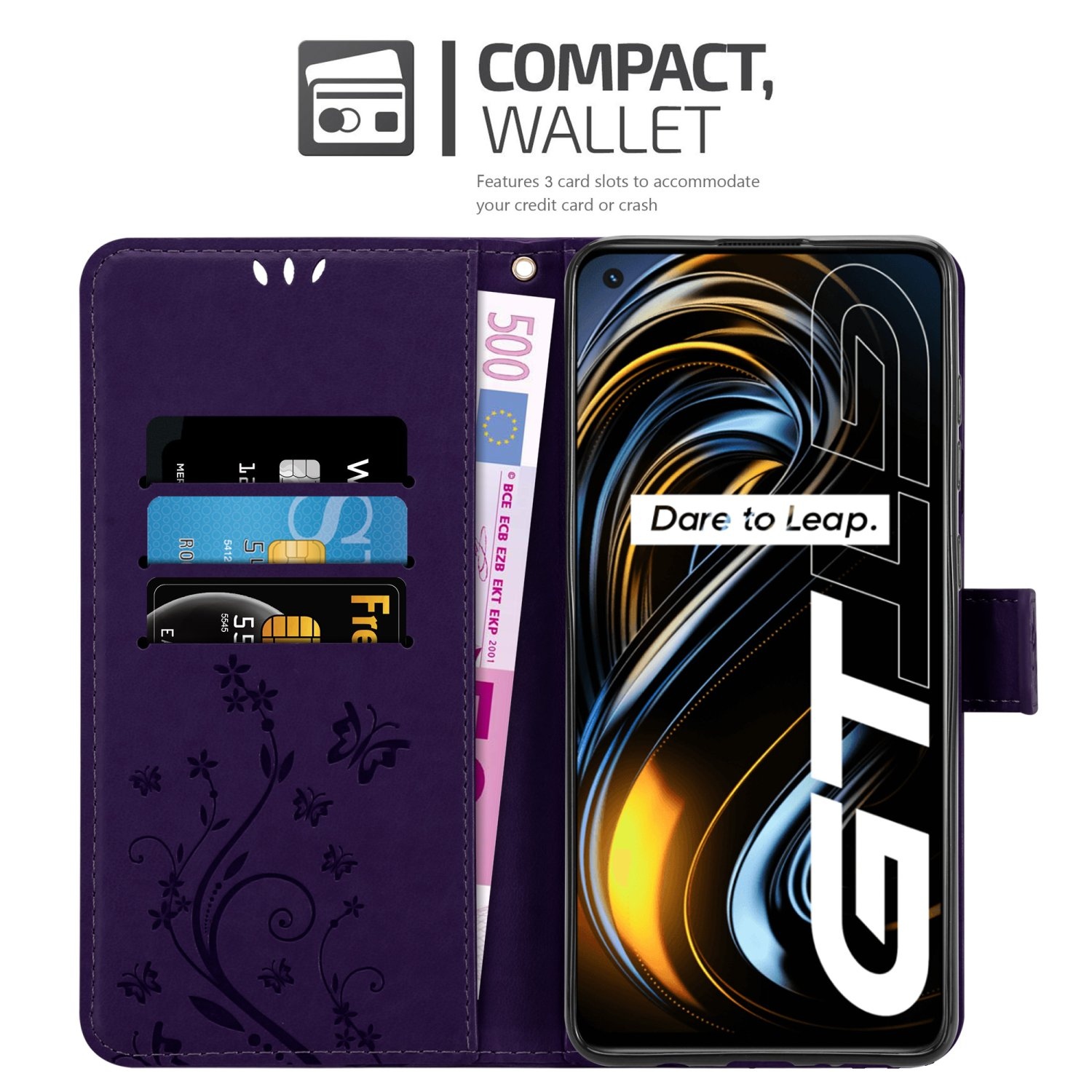 Custodia a portafoglio viola con telefono e carte. Presenta un design floreale, banconota da 500 euro.