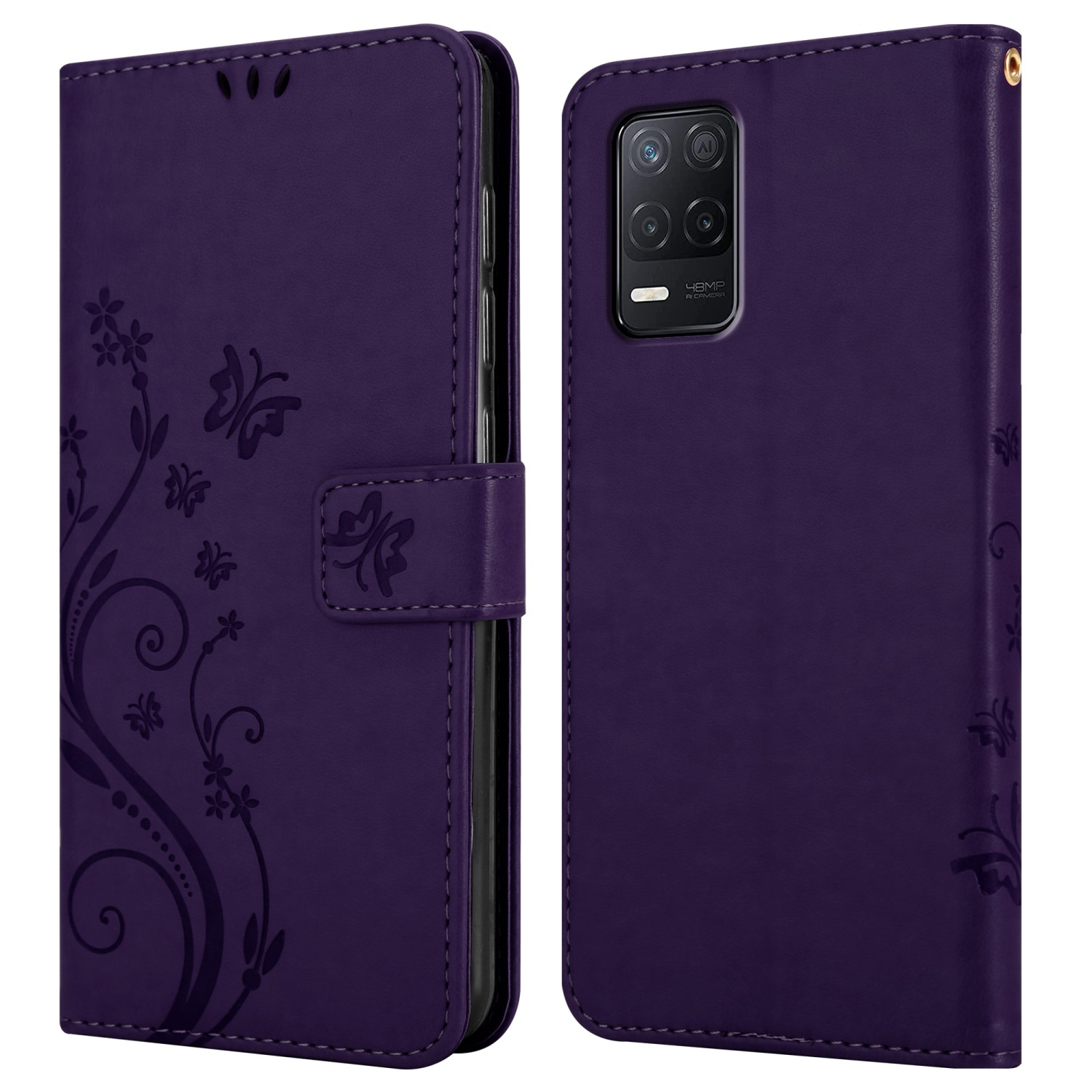 Una custodia per telefono viola con disegni di farfalle. La custodia è aperta, mostrando il telefono e l'interno.