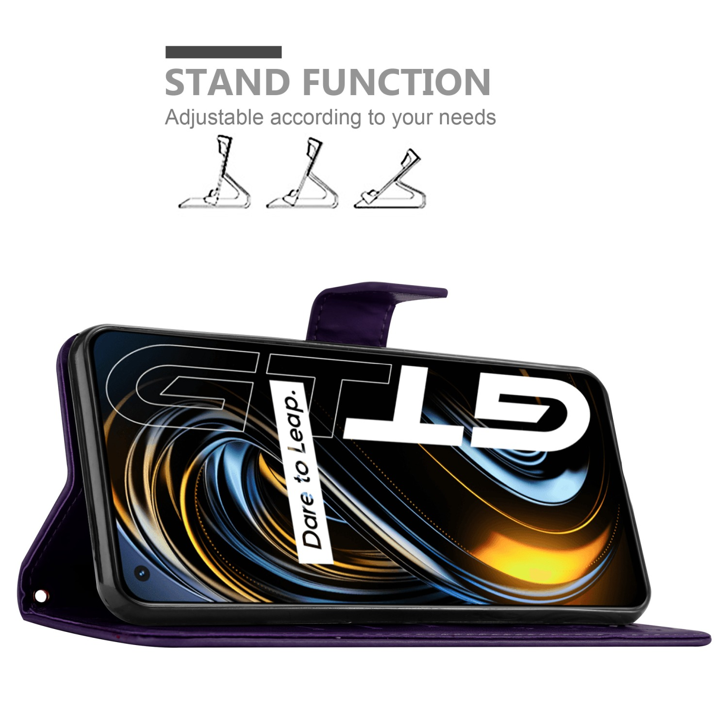 Custodia per telefono viola con flip cover. Lo schermo del telefono mostra un logo GTD. Funzione stand visibile.
