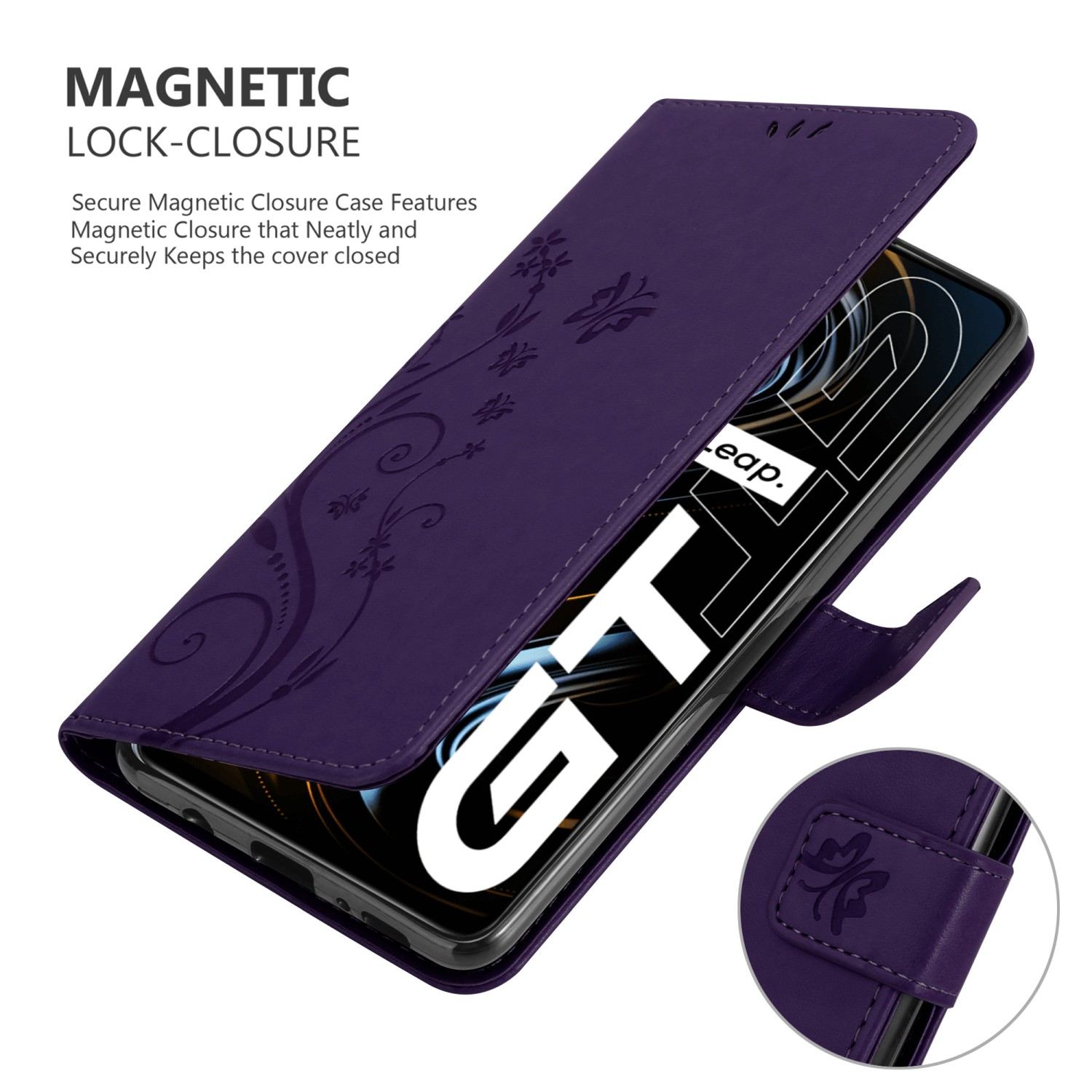 Una custodia per telefono viola, aperta per mostrare lo schermo di un telefono. La custodia ha un design floreale e una chiusura.
