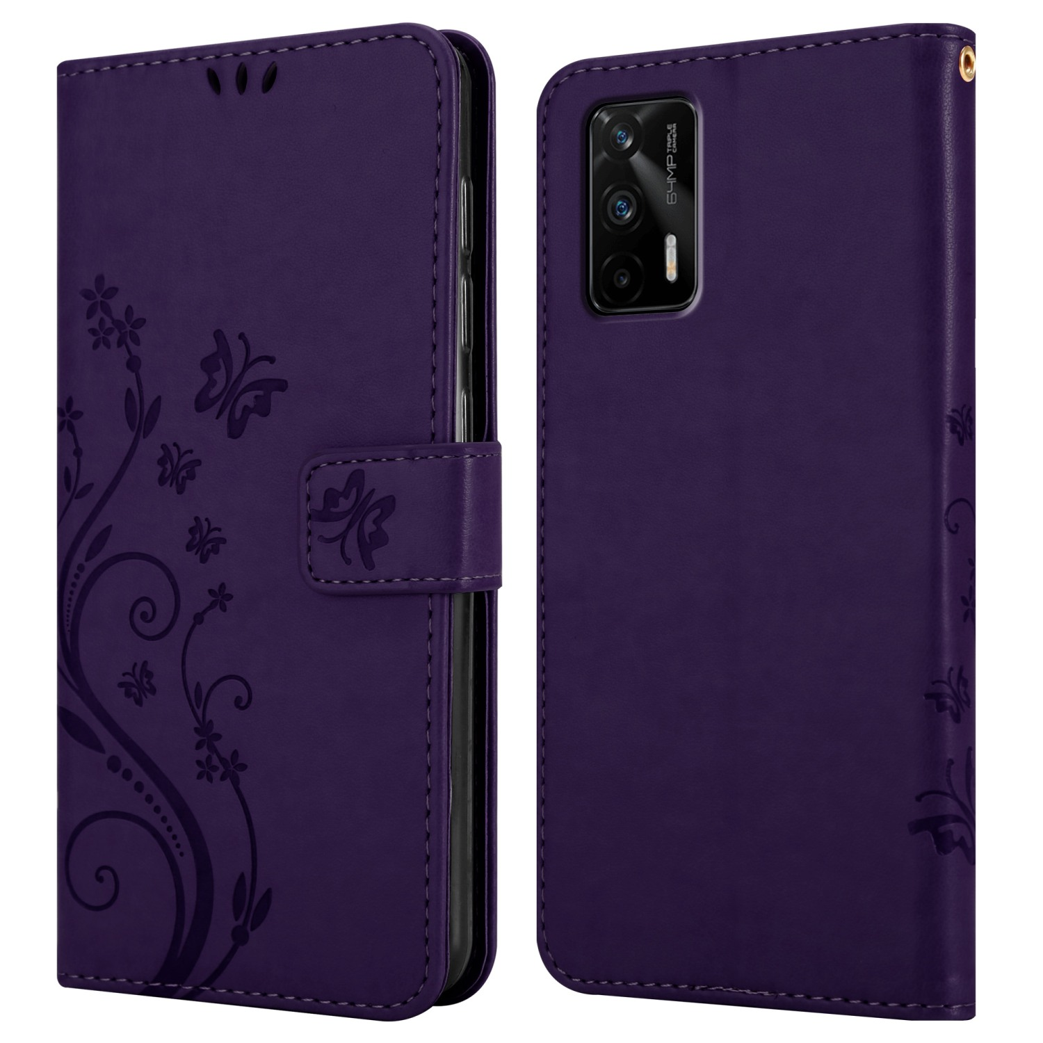 Custodia viola per telefono, aperta e chiusa. Design floreale a sinistra. Telefono con fotocamera a destra.