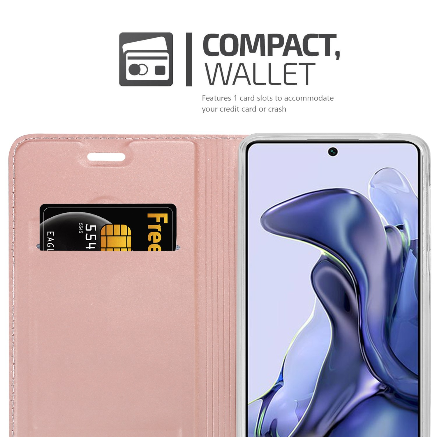 Una custodia rosa per telefono con uno slot per schede, con un telefono e una scheda.