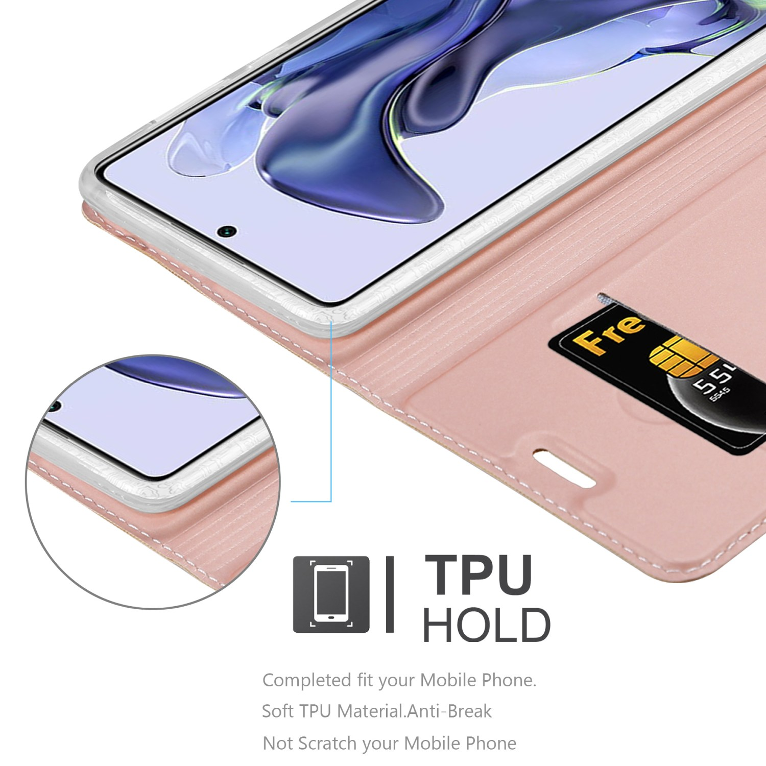 Primo piano di una custodia rosa con una carta. Testo: TPU HOLD.