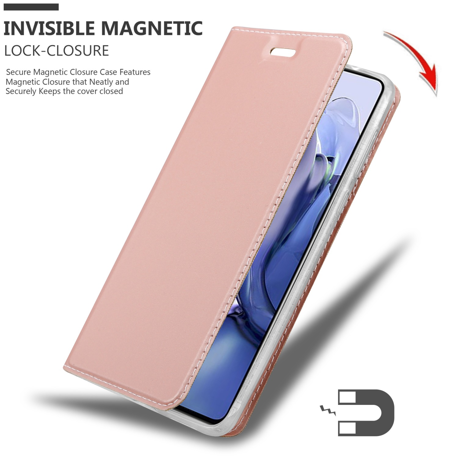 Custodia per telefono rosa, aperta, con chiusura magnetica. Il telefono è bianco.