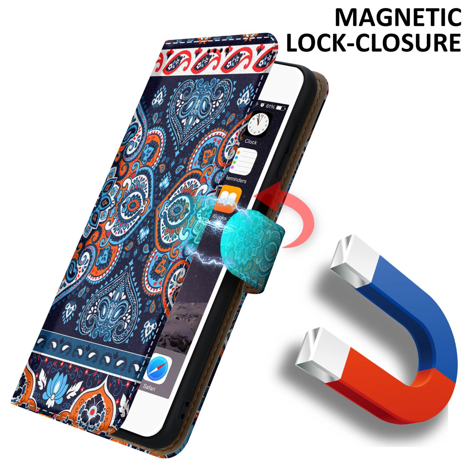 Custodia per telefono con chiusura magnetica, con un telefono all'interno.