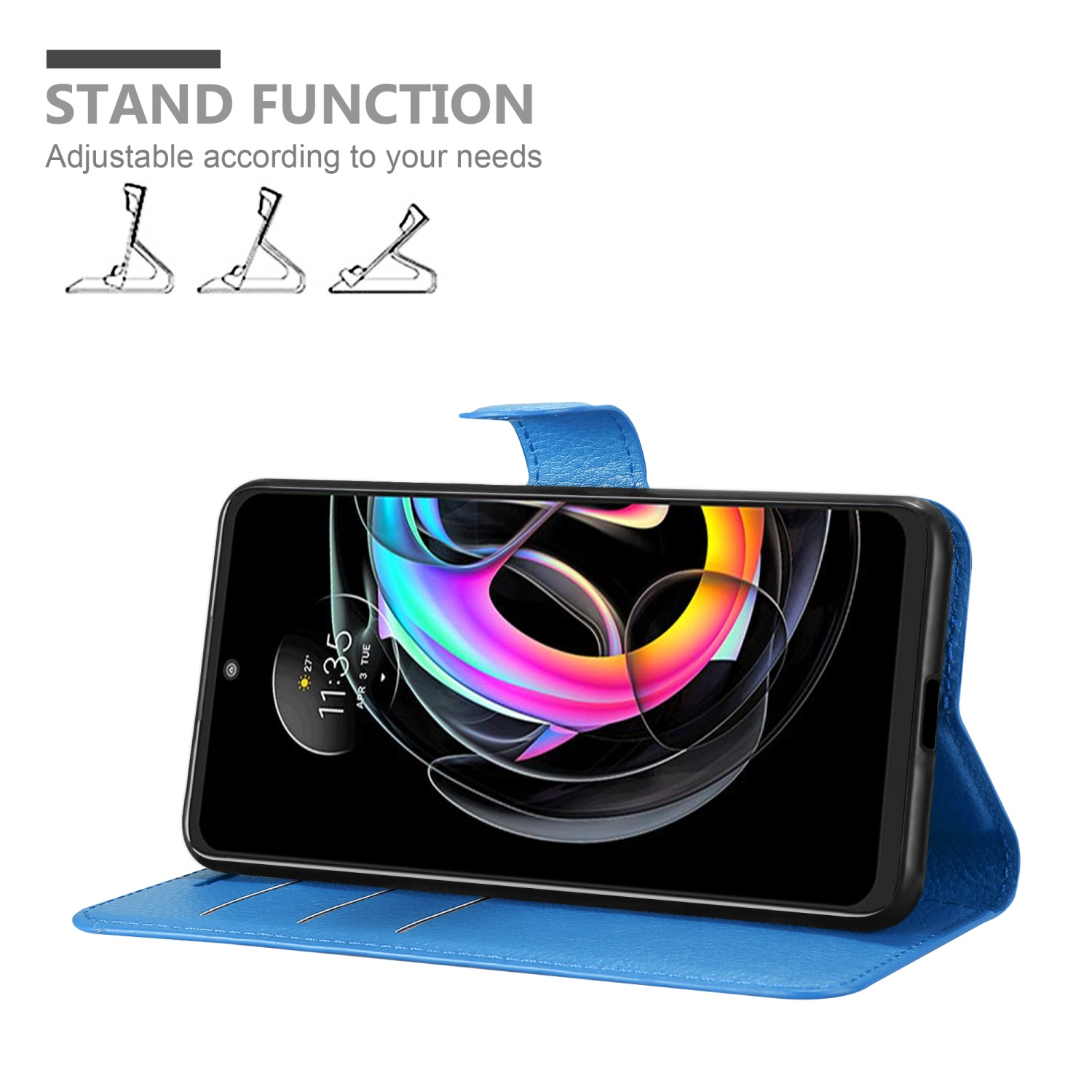 Telefono in custodia blu, aperto per visualizzare lo schermo. Il testo in alto recita "Funzione supporto". Sono mostrati tre diagrammi di supporto.