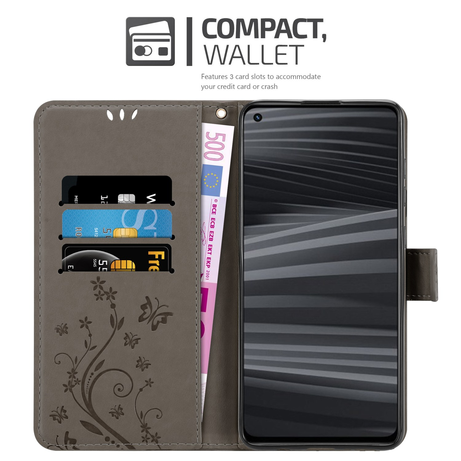 Custodia grigia per telefono con carte e banconota da 500 euro. Testo: Portafoglio compatto. 3 slot. Design floreale.