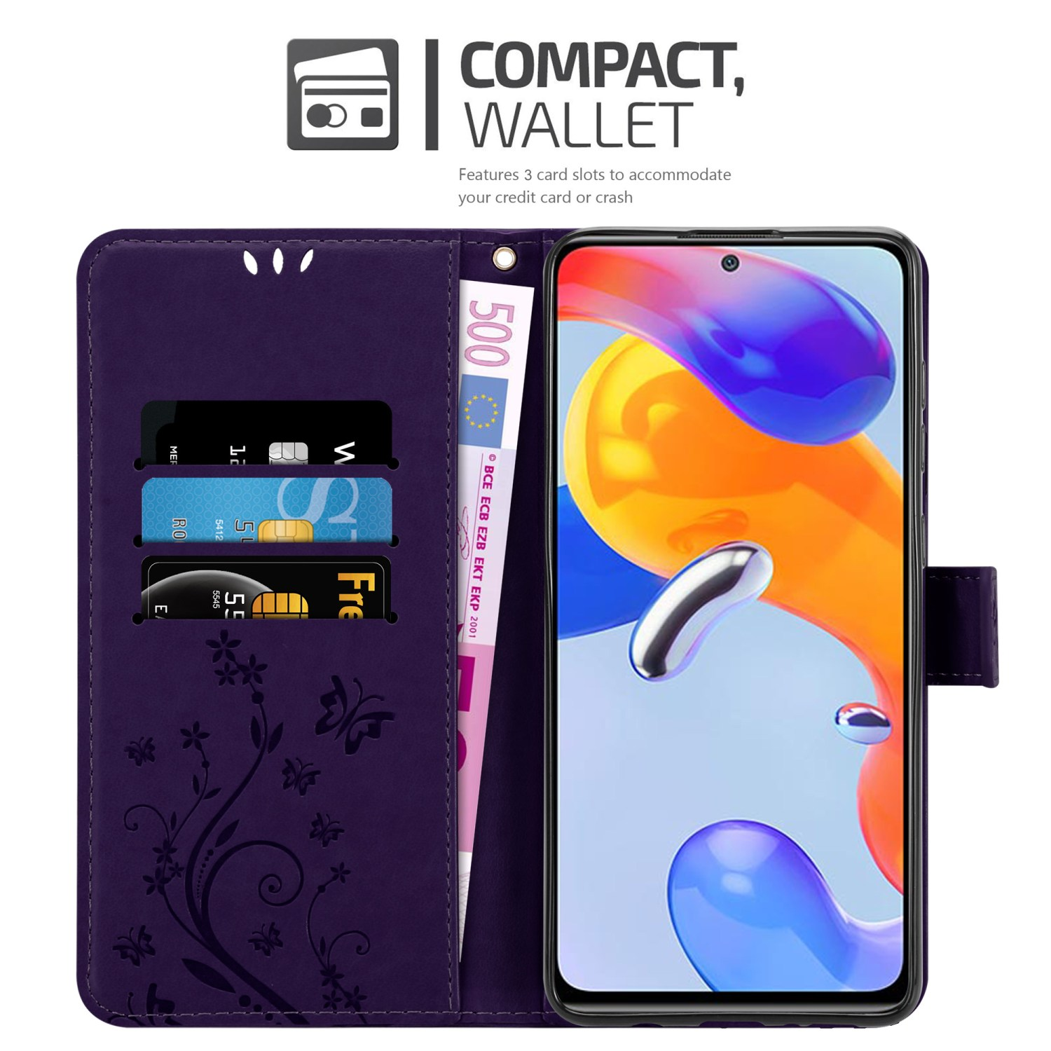 Una custodia per telefono viola con carte e contanti all'interno, accanto a uno smartphone. Presenta un design a portafoglio.
