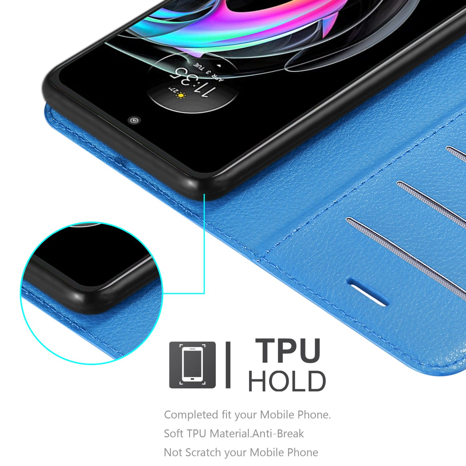 Una custodia per telefono blu con un telefono all'interno, che mostra la funzione TPU HOLD. Lo sfondo è bianco.