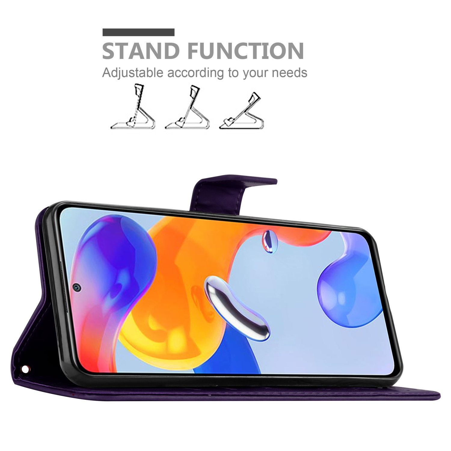 Portafoglio viola per telefono aperto, che mostra il telefono in posizione di supporto. Funzione supporto.