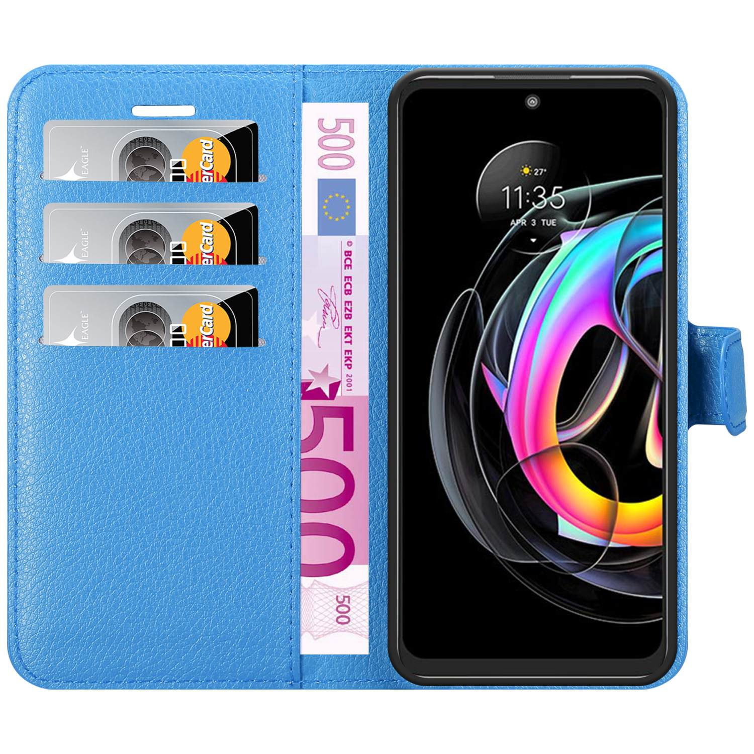 Custodia a portafoglio blu per telefono con carte e banconota da 500 euro, telefono con schermo colorato.