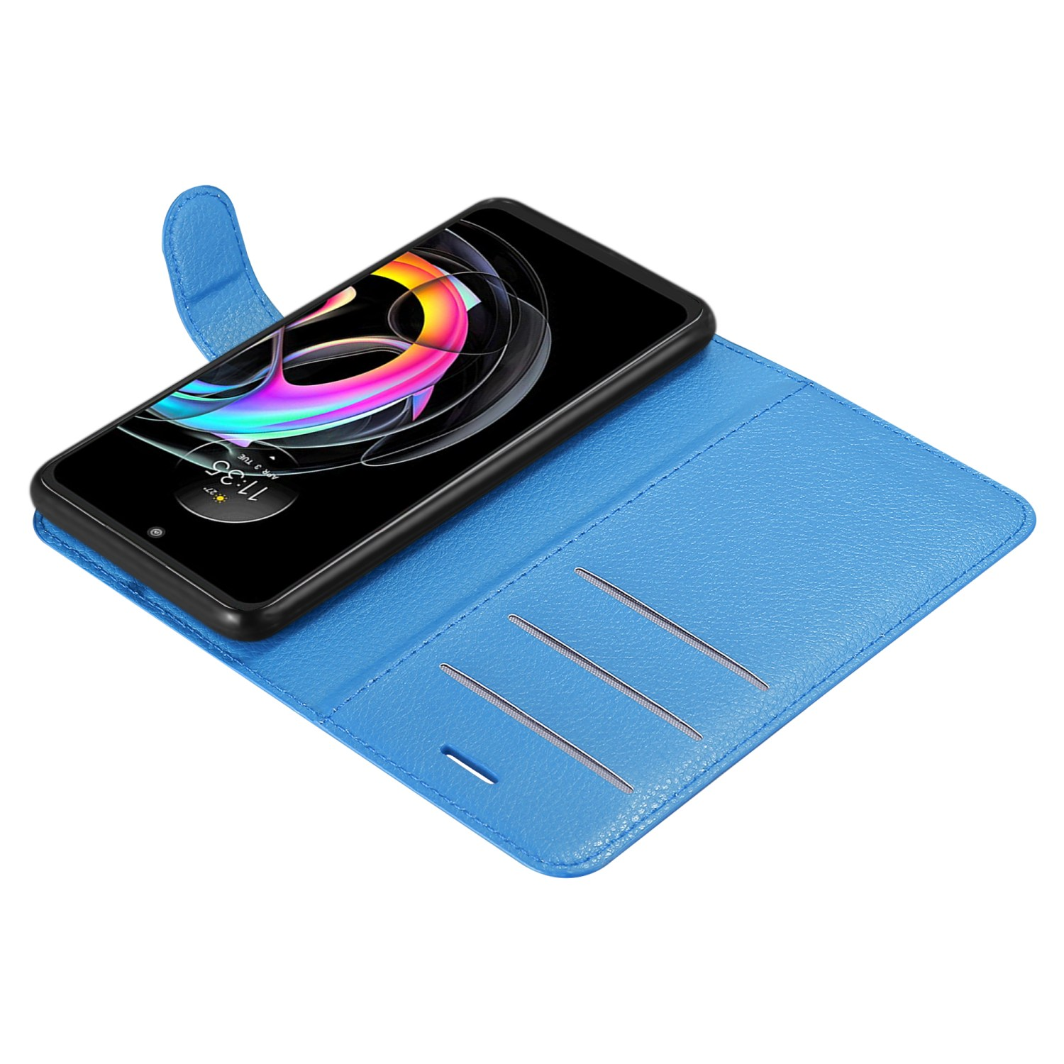 Custodia blu aperta, rivela lo schermo. Lo schermo mostra un design astratto colorato.