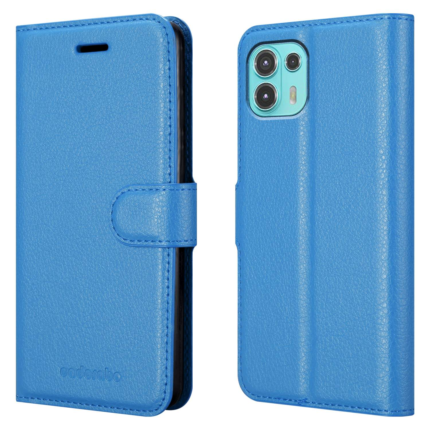 Una custodia per telefono blu, davanti e dietro. La parte anteriore è chiusa e il retro mostra la fotocamera.