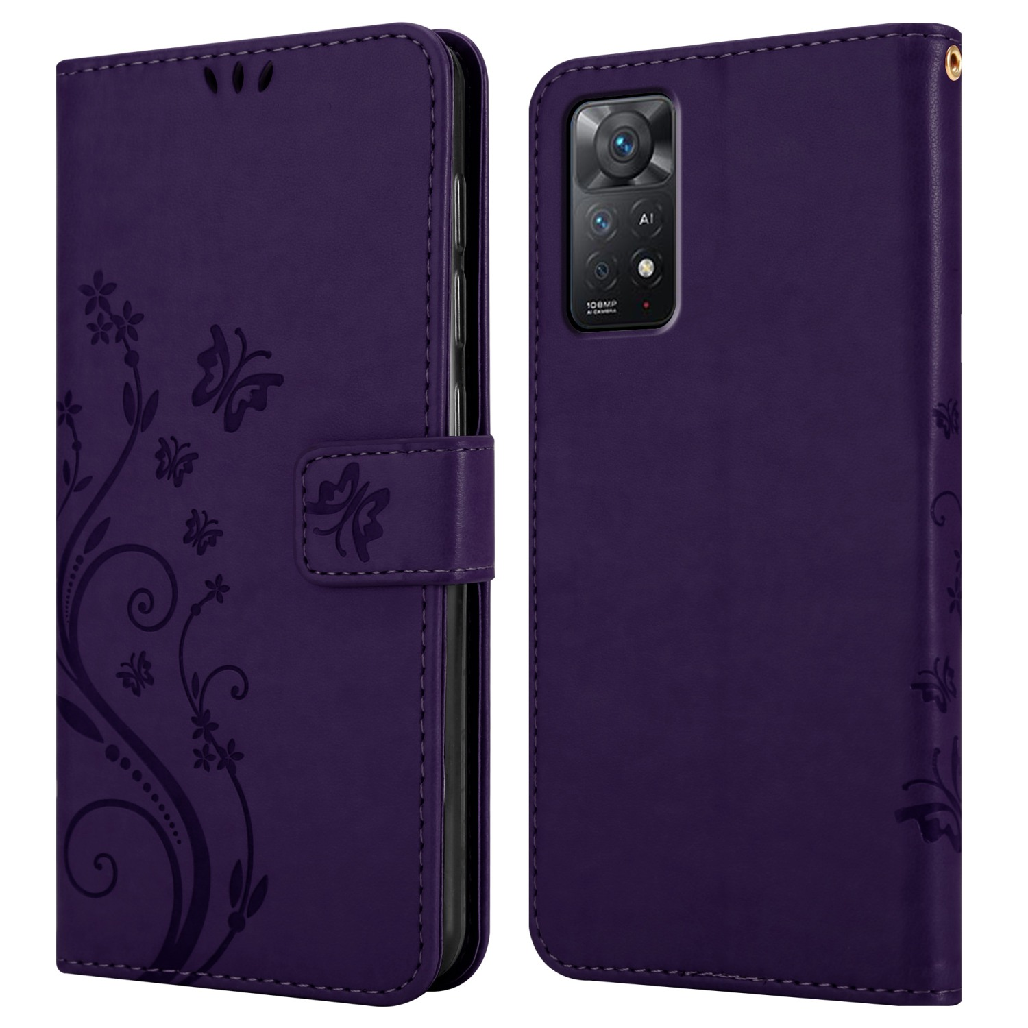 Custodia viola per telefono, design floreale. Vista aperta mostra telefono e motivo farfalle in rilievo.