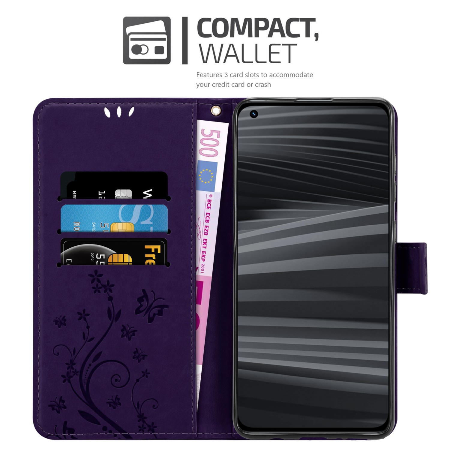 Telefono con carte e denaro in una custodia a portafoglio viola. La custodia è aperta e decorata con fiori.