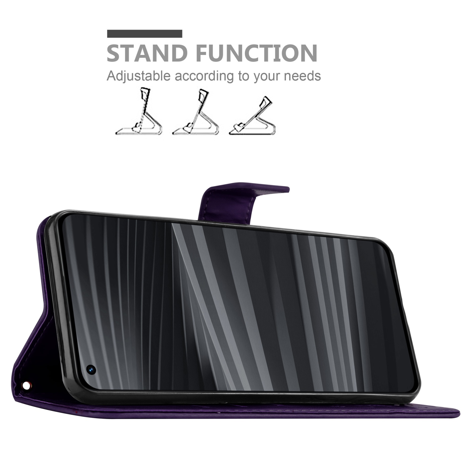 Custodia per telefono viola aperta, che mostra il telefono in piedi, la funzione stand. Il testo dice funzione stand.