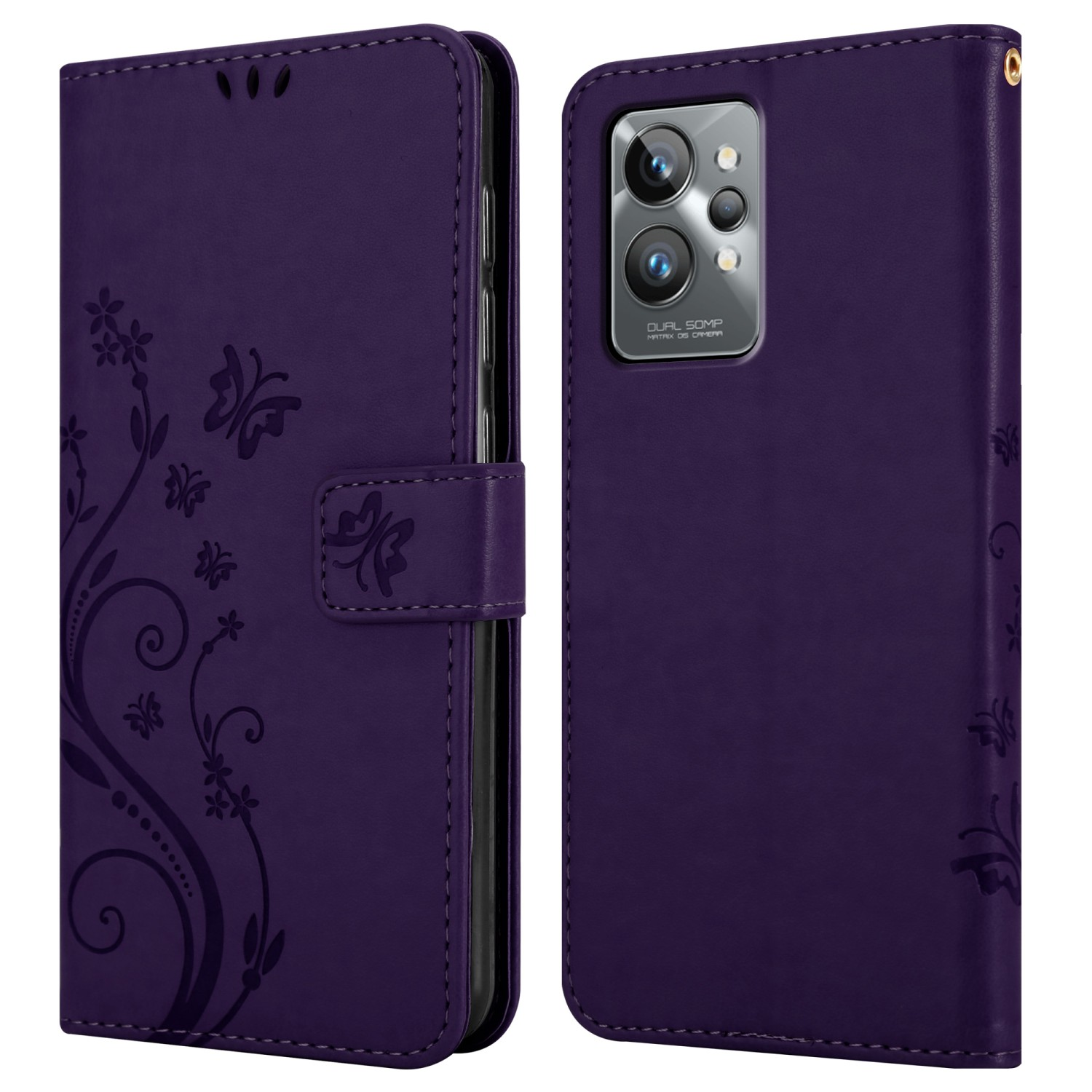 Una custodia floreale viola in posizione aperta. Il retro di un telefono è visibile. La custodia ha fessure per carte.