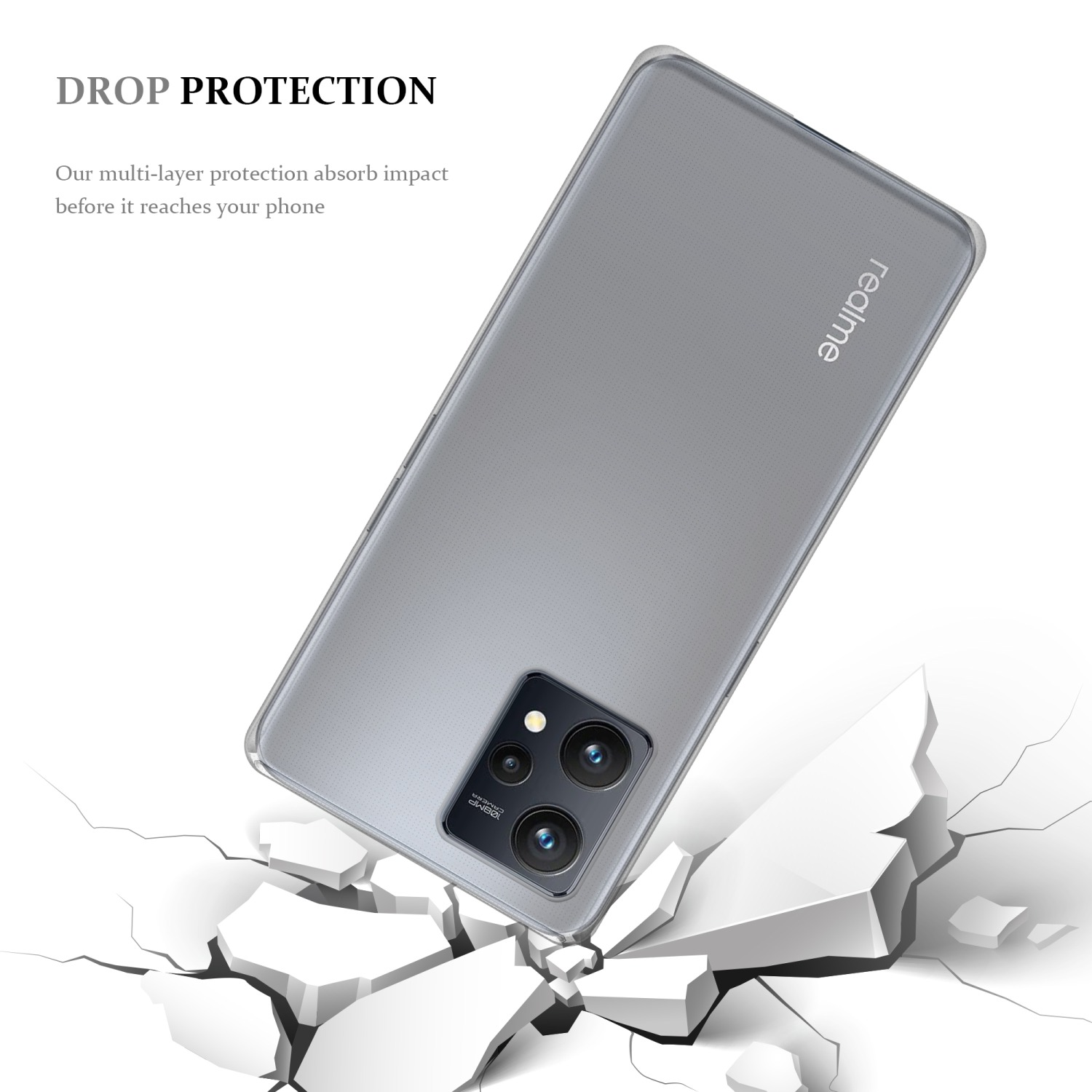 Una custodia trasparente per telefono su una superficie bianca incrinata. Il telefono è grigio con una fotocamera e la parola realme.