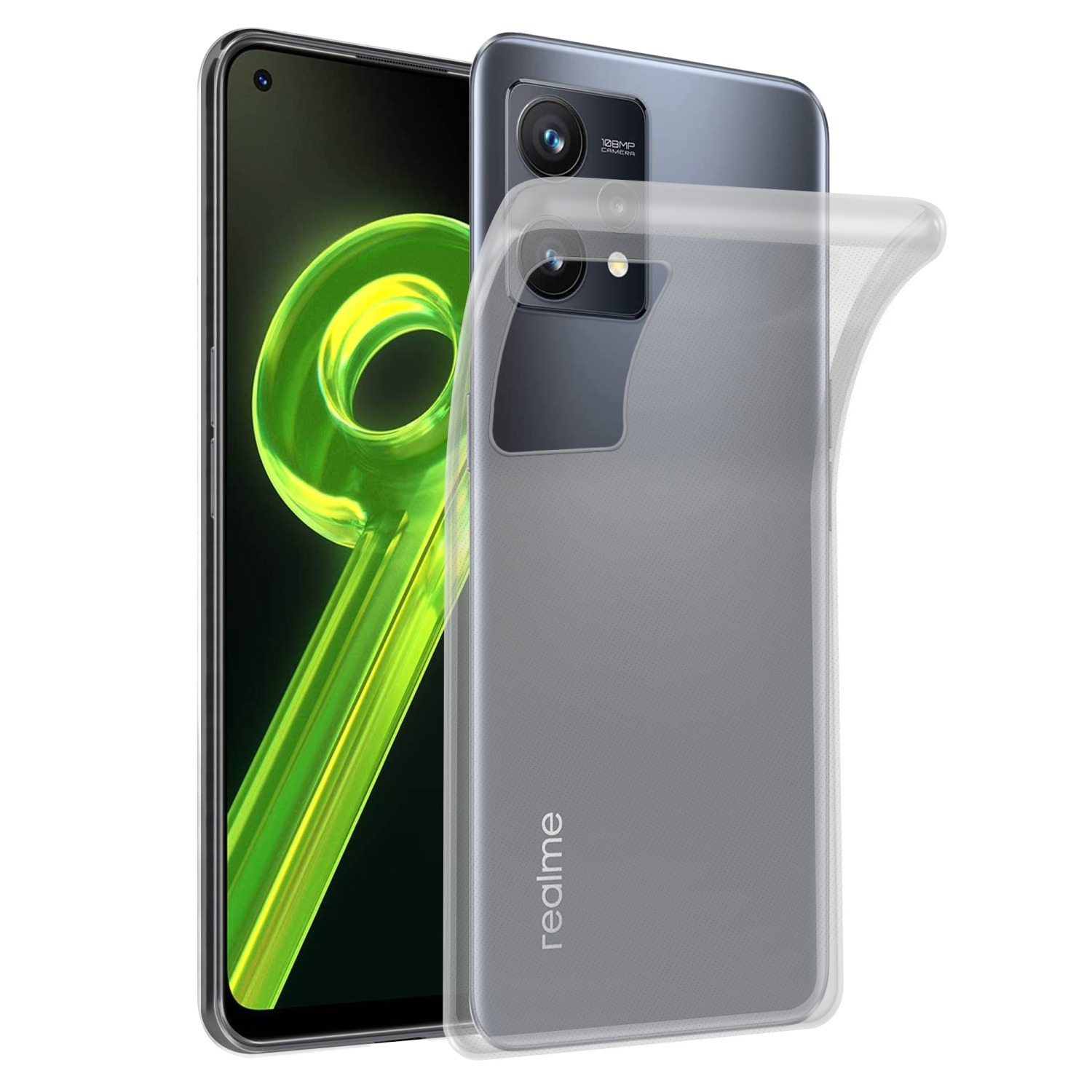 Telefono grigio con cover trasparente. Una grafica verde sullo schermo.