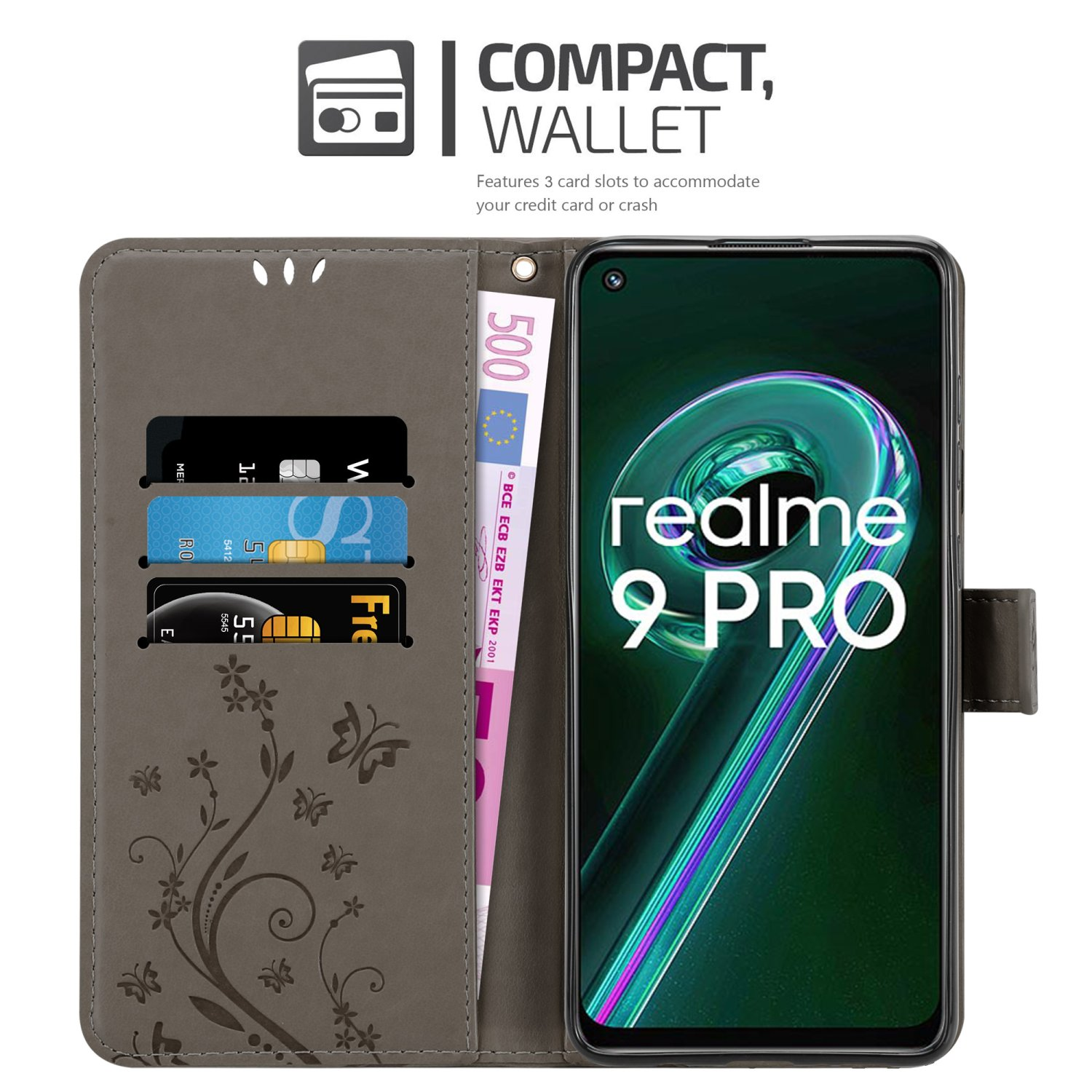 Custodia per telefono con carte e denaro. Il telefono visualizza Realme 9 Pro. Design floreale sulla custodia.