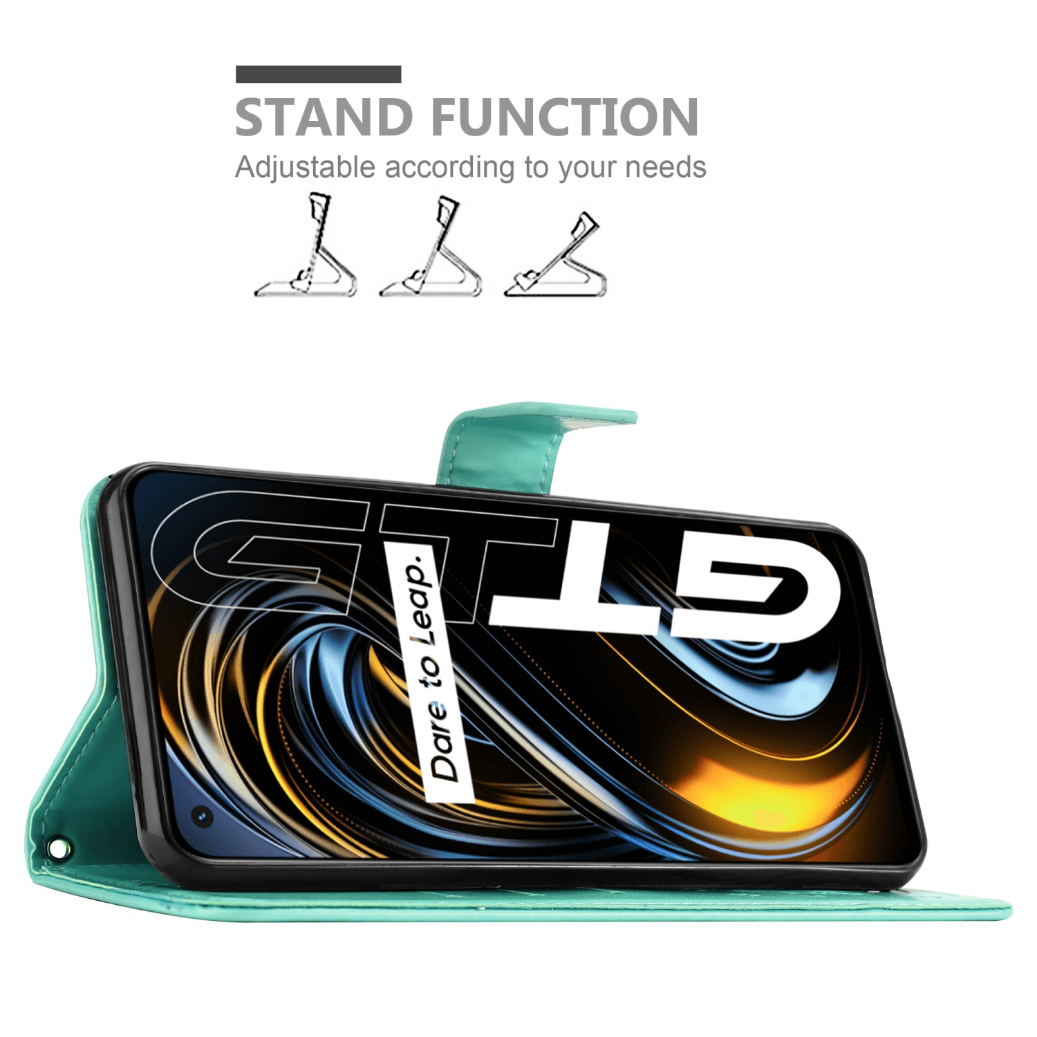 Custodia verde acqua con telefono nel supporto. Icone funzione supporto. Logo sullo schermo.
