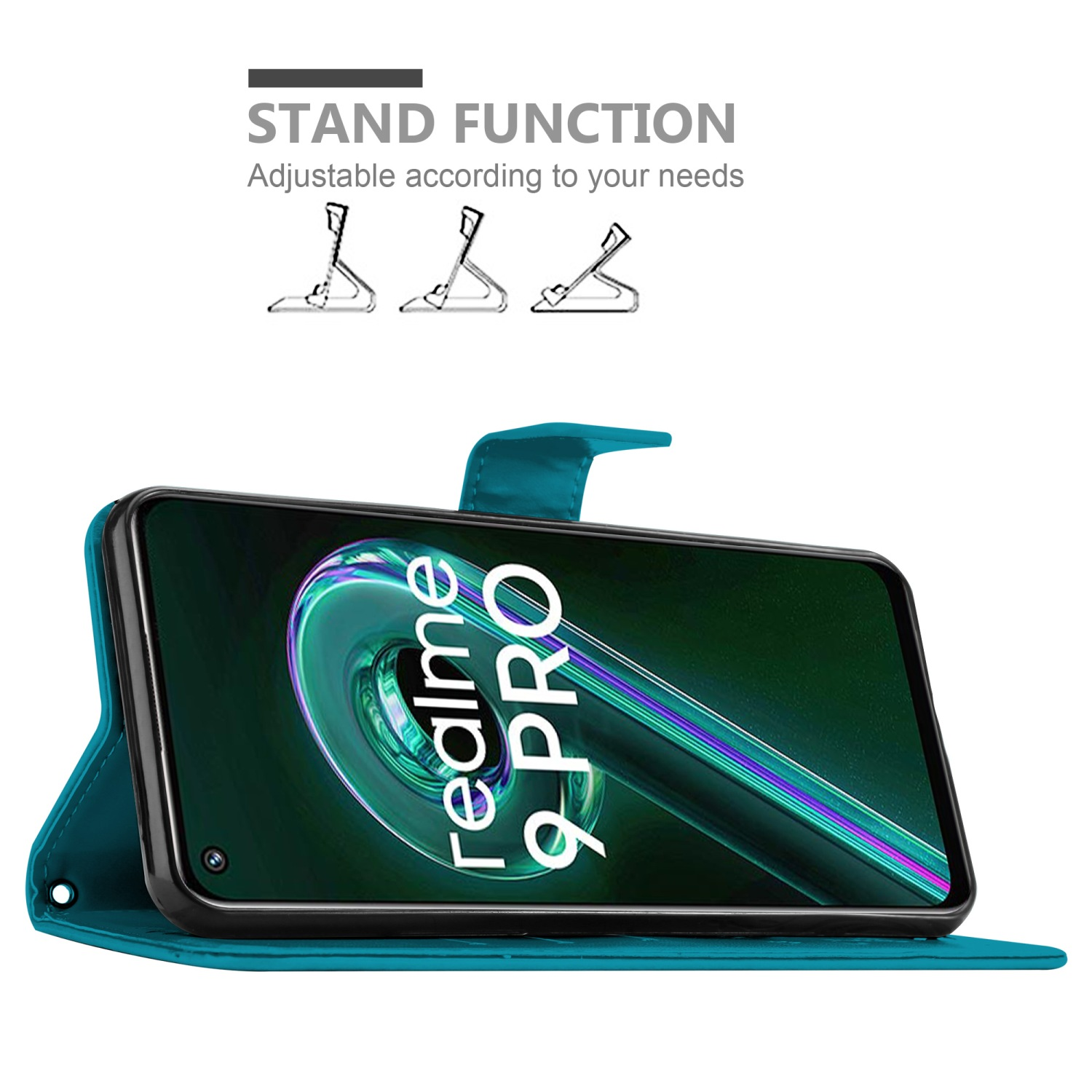 Custodia verde acqua con telefono all'interno, aperta. Mostra il display di Realme 9 Pro.