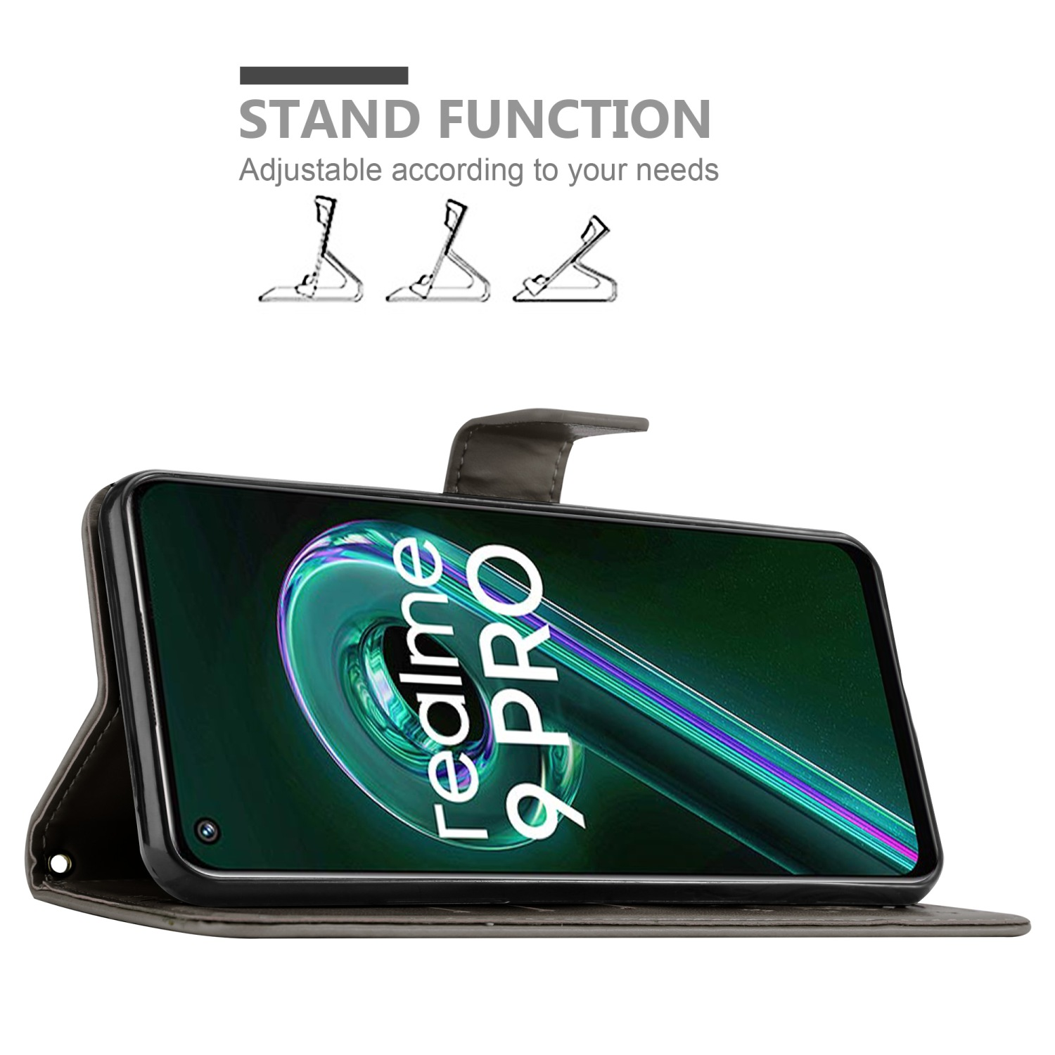 Telefono su un supporto. Testo: FUNZIONE STAND. Regolabile. 3 diagrammi di supporto. Telefono con parole: realme 9 PRO.