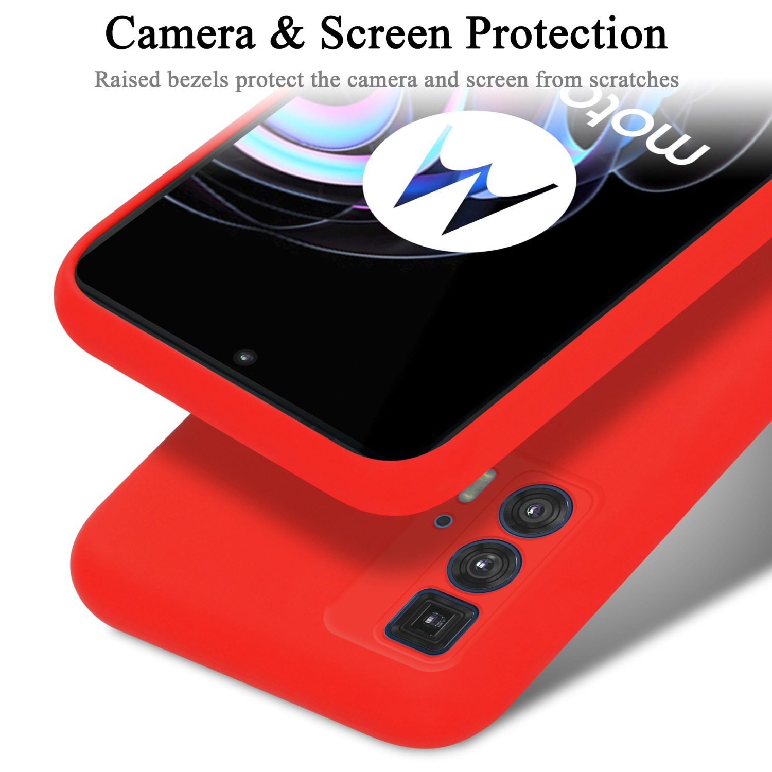 Custodia rossa per telefono con bordi rialzati che proteggono schermo e fotocamere, su sfondo bianco.
