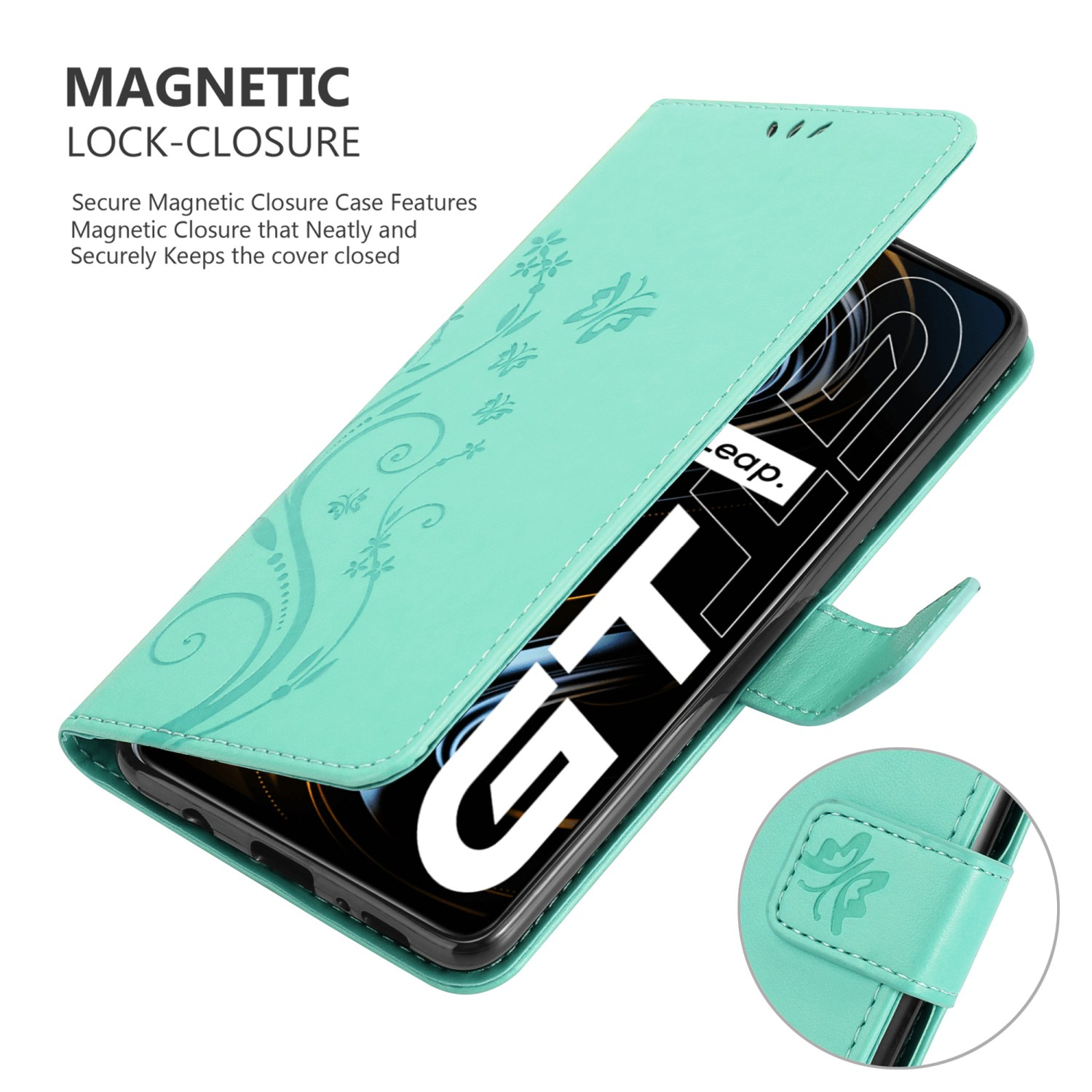 Custodia verde menta con design floreale, schermo del telefono visibile. Testo: 'Magnetic Lock-Closure' e 'GT'.