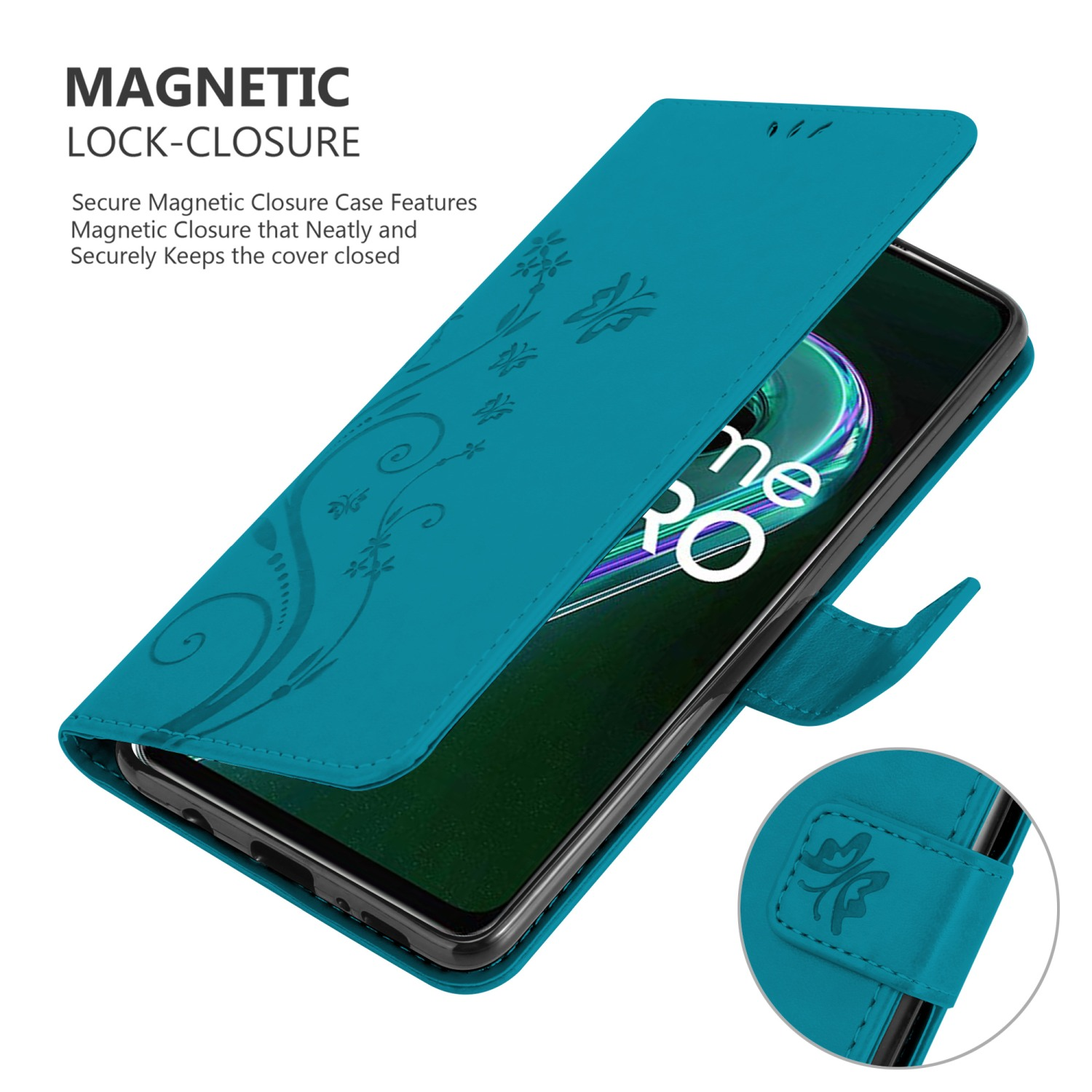 Custodia per telefono verde acqua, aperta, con design floreale. Testo: Chiusura magnetica.