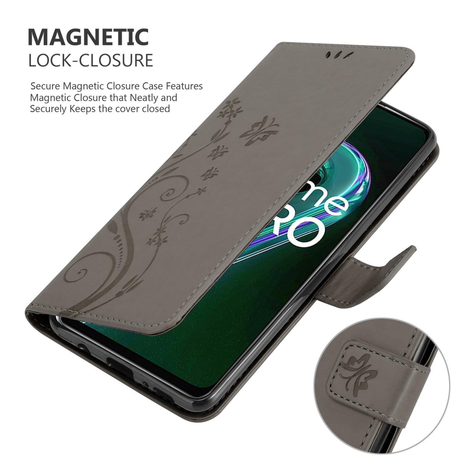 Custodia a libro grigia con design floreale. Lo schermo del telefono è visibile. Chiusura magnetica.