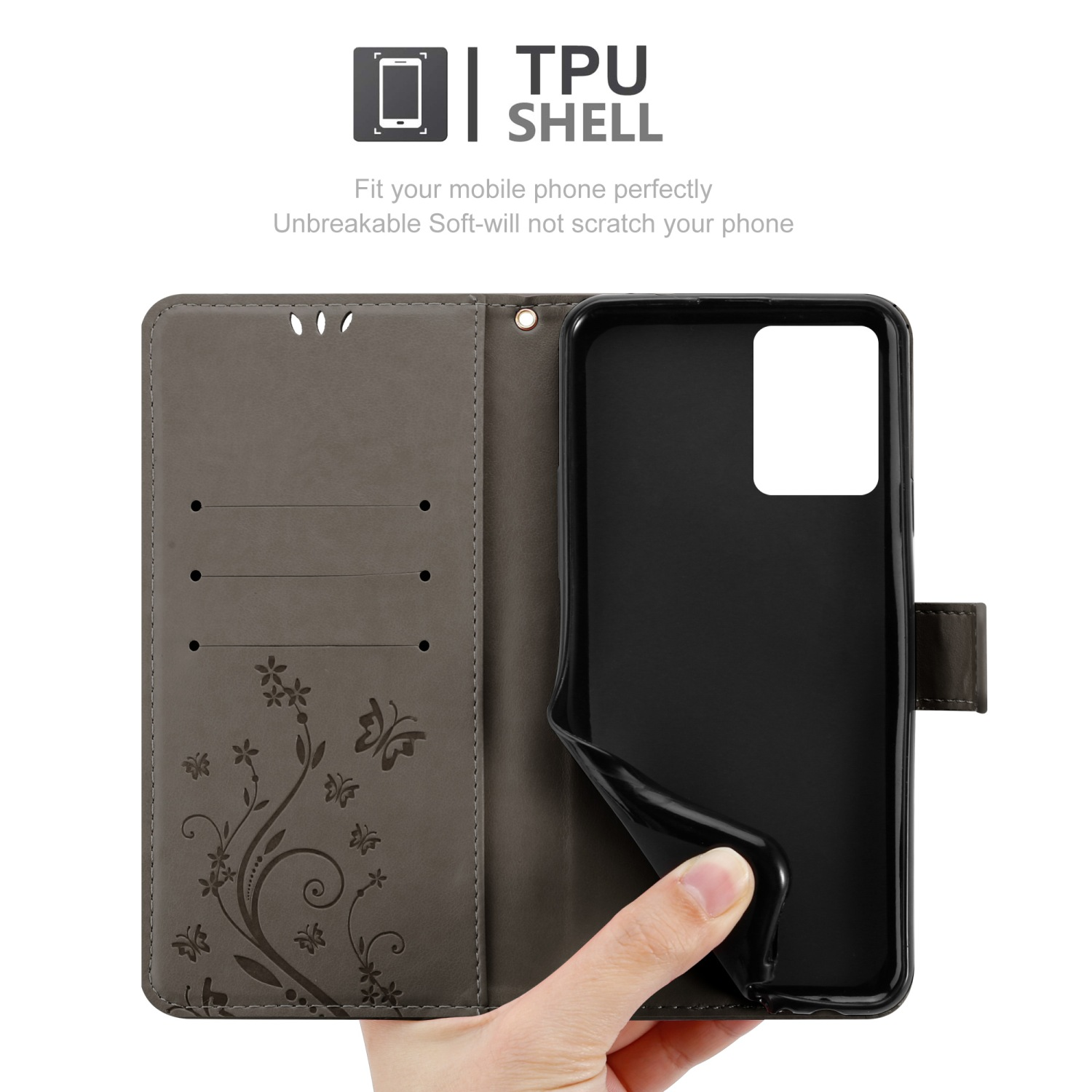 Custodia per telefono grigia aperta, rivela un supporto nero con design floreale. Mano che tiene la custodia.