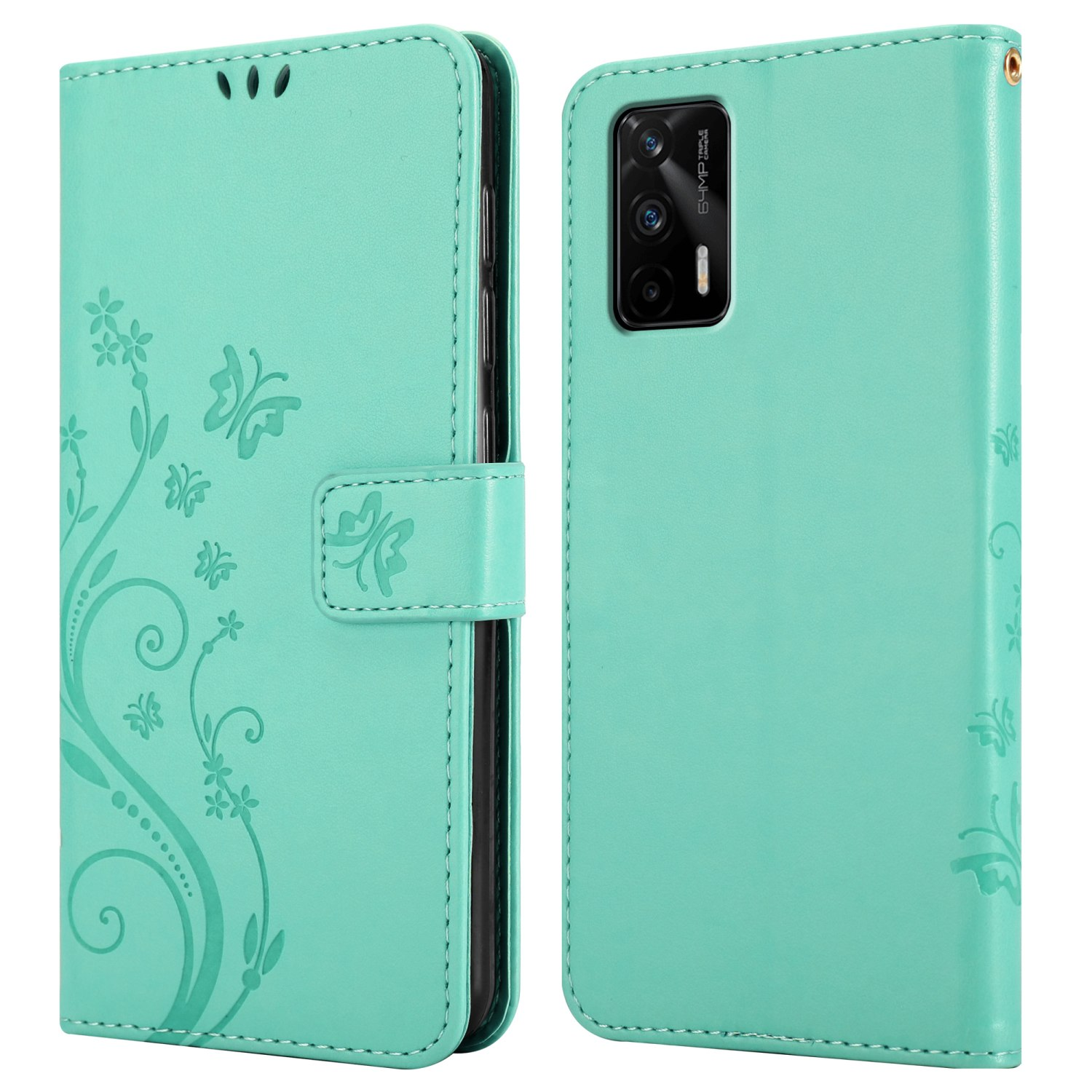 Custodia verde menta con design floreale. Telefono all'interno. Chiusura magnetica.