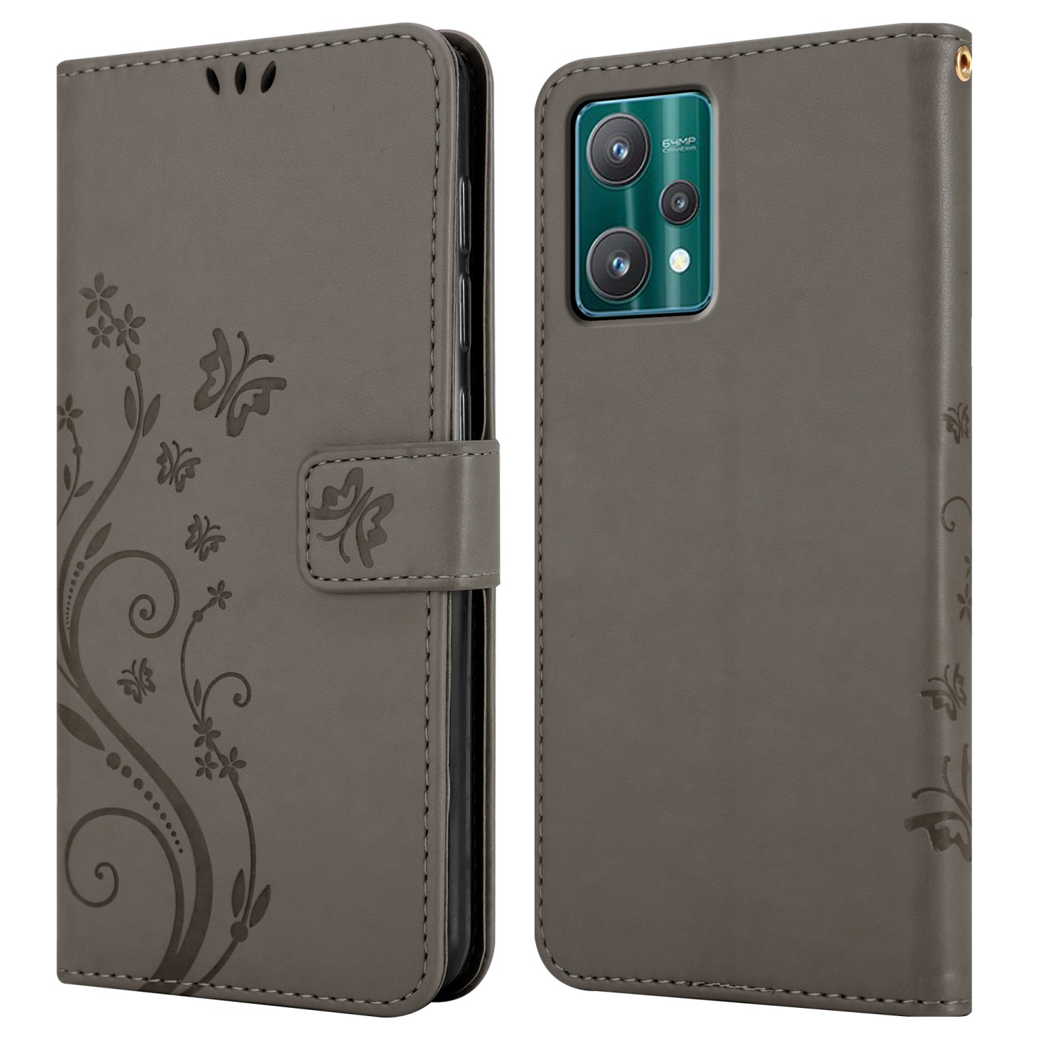 Custodia per telefono grigia con design a farfalla, aperta e chiusa. Sfondo bianco.