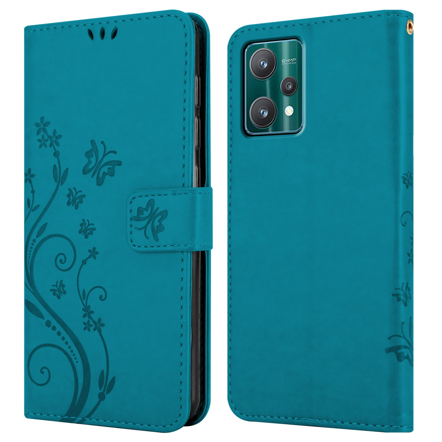 Custodia per telefono blu con design floreale e farfalle. Focus sul design della custodia e dettagli della fotocamera.