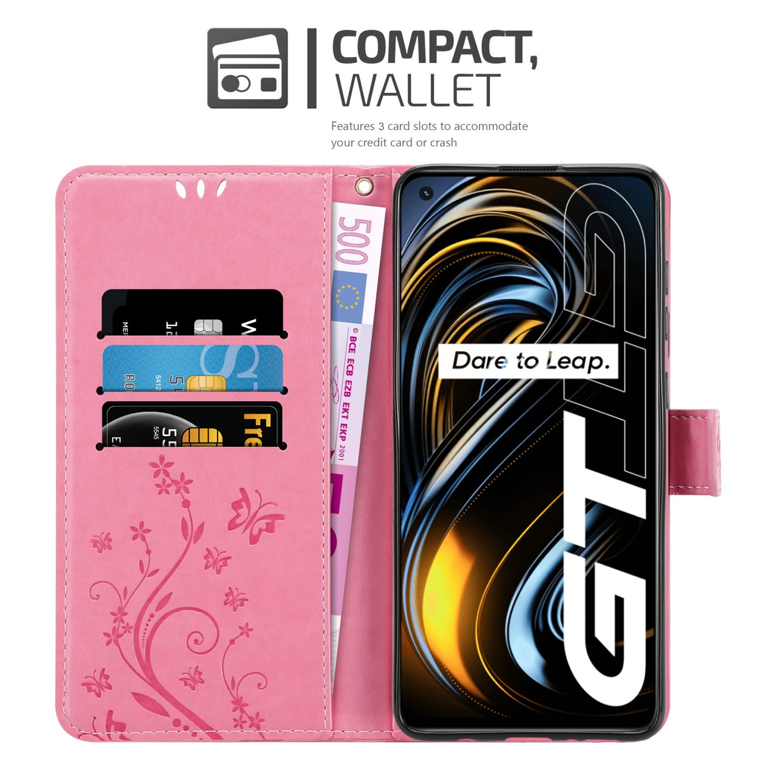 Una custodia per telefono rosa è aperta con un telefono e delle carte all'interno. Ci sono carte e denaro. Lo sfondo è bianco.