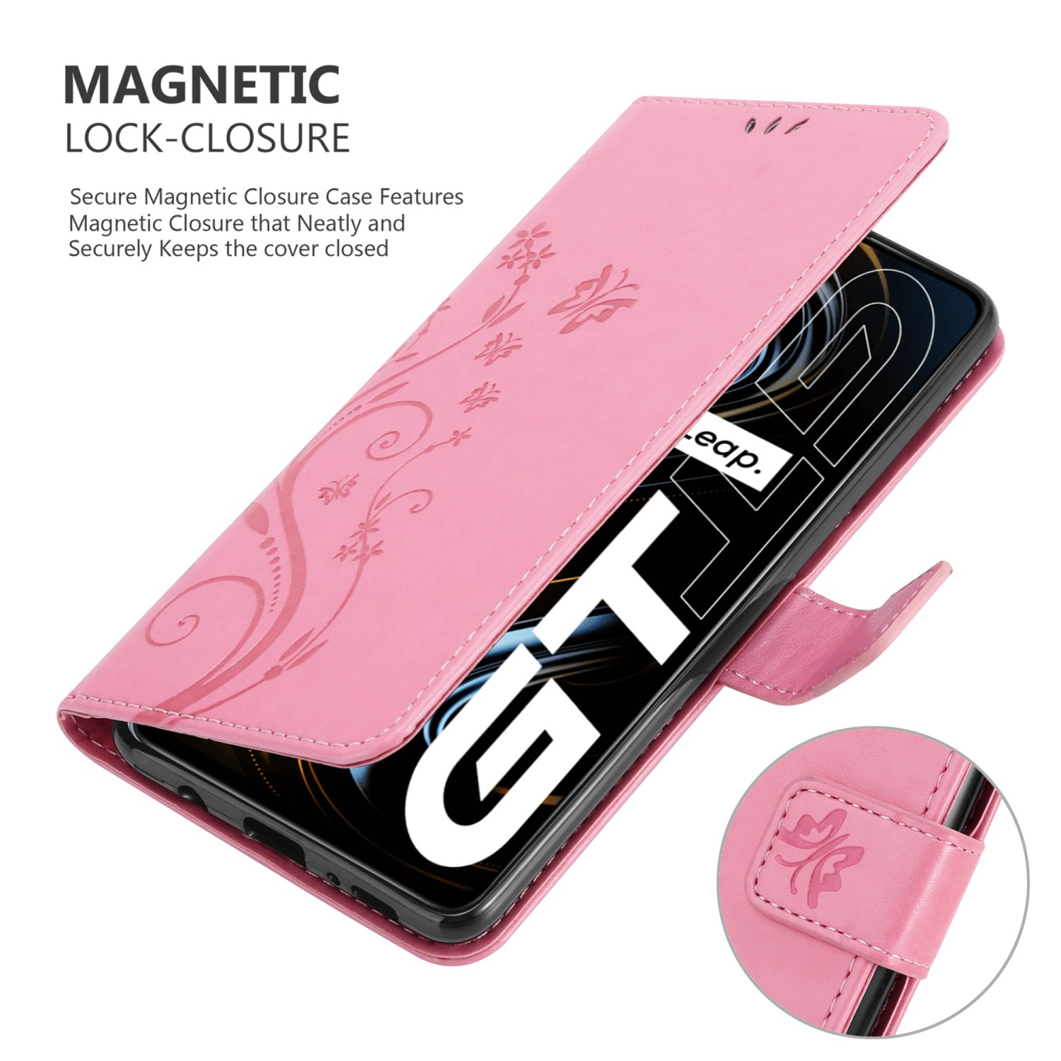 Custodia per telefono rosa, aperta. Design floreale sulla custodia. Testo: Chiusura magnetica. Telefono nero.