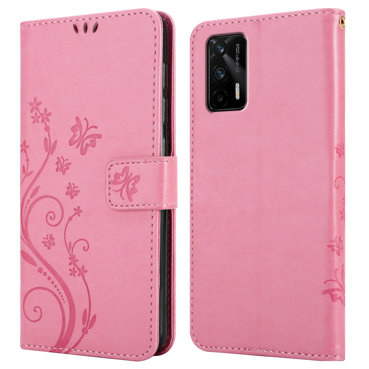 Custodia a portafoglio rosa per telefono con design floreale e dettagli a farfalla. Presenta una chiusura magnetica.