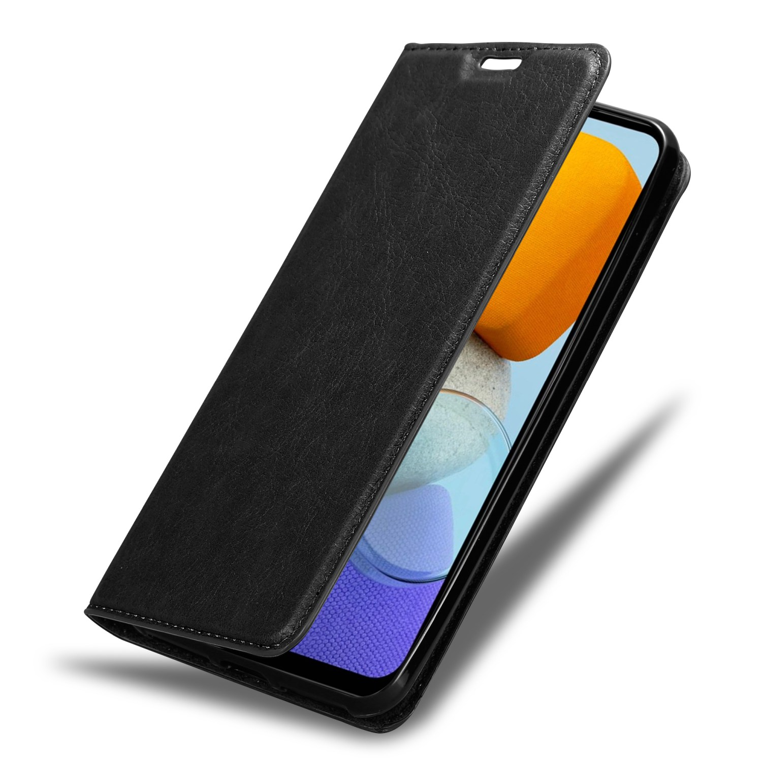 Una custodia per telefono nera, aperta per rivelare un telefono. Il telefono ha uno schermo arancione e blu. La custodia ha una trama in pelle.