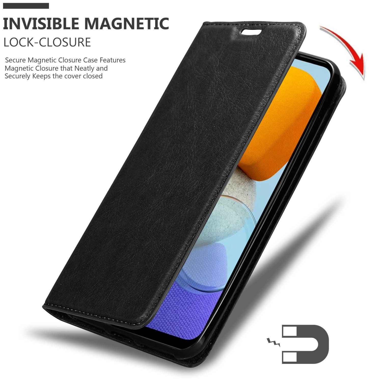 Custodia nera per telefono con una cover aperta che mostra lo schermo. È presente un simbolo a calamita.