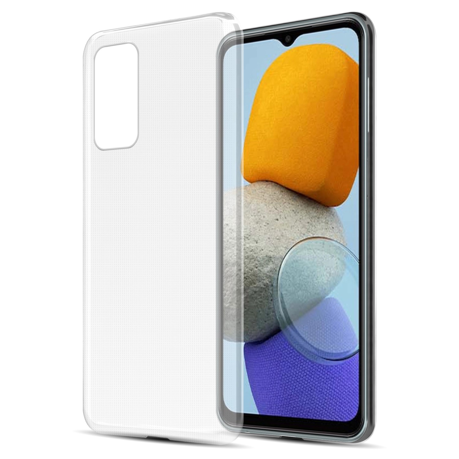 Custodia trasparente con telefono. Il telefono ha sfondo astratto e colorato.