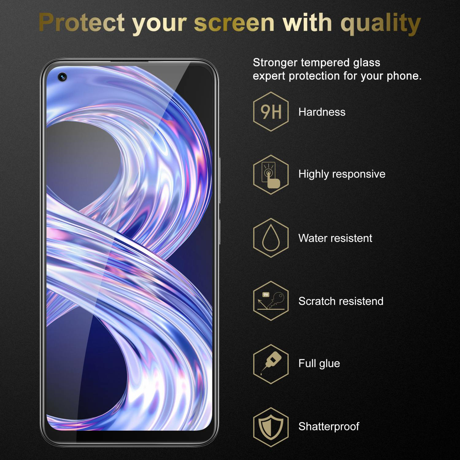 Pantalla de teléfono con película protectora. Iconos indican: dureza, respuesta y resistencia al agua.