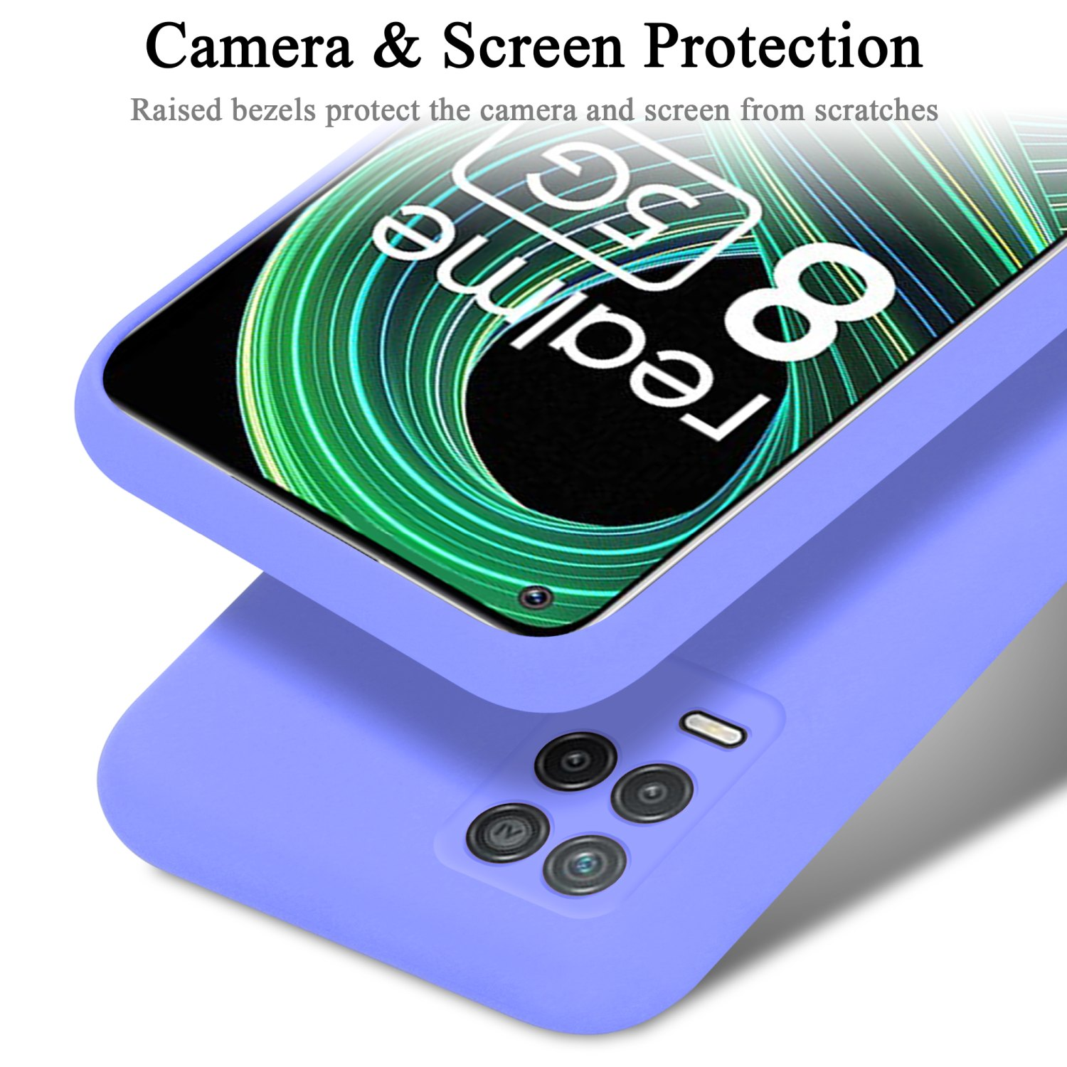 Una custodia per telefono con cornice viola, schermo rivolto verso l'alto. Il telefono ha sfondo verde.