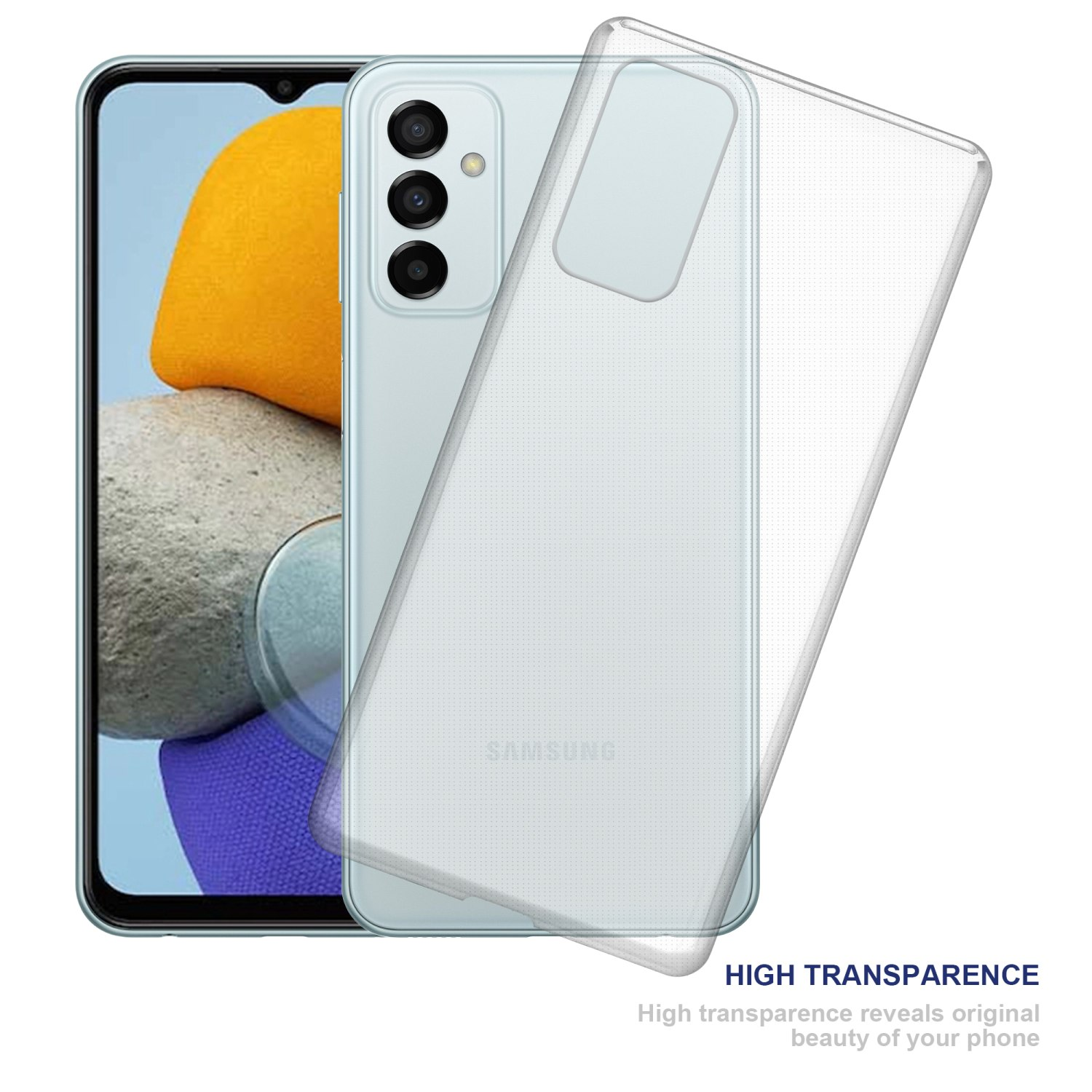 Custodia trasparente su telefono color menta. Testo: L'alta trasparenza rivela la bellezza del telefono.