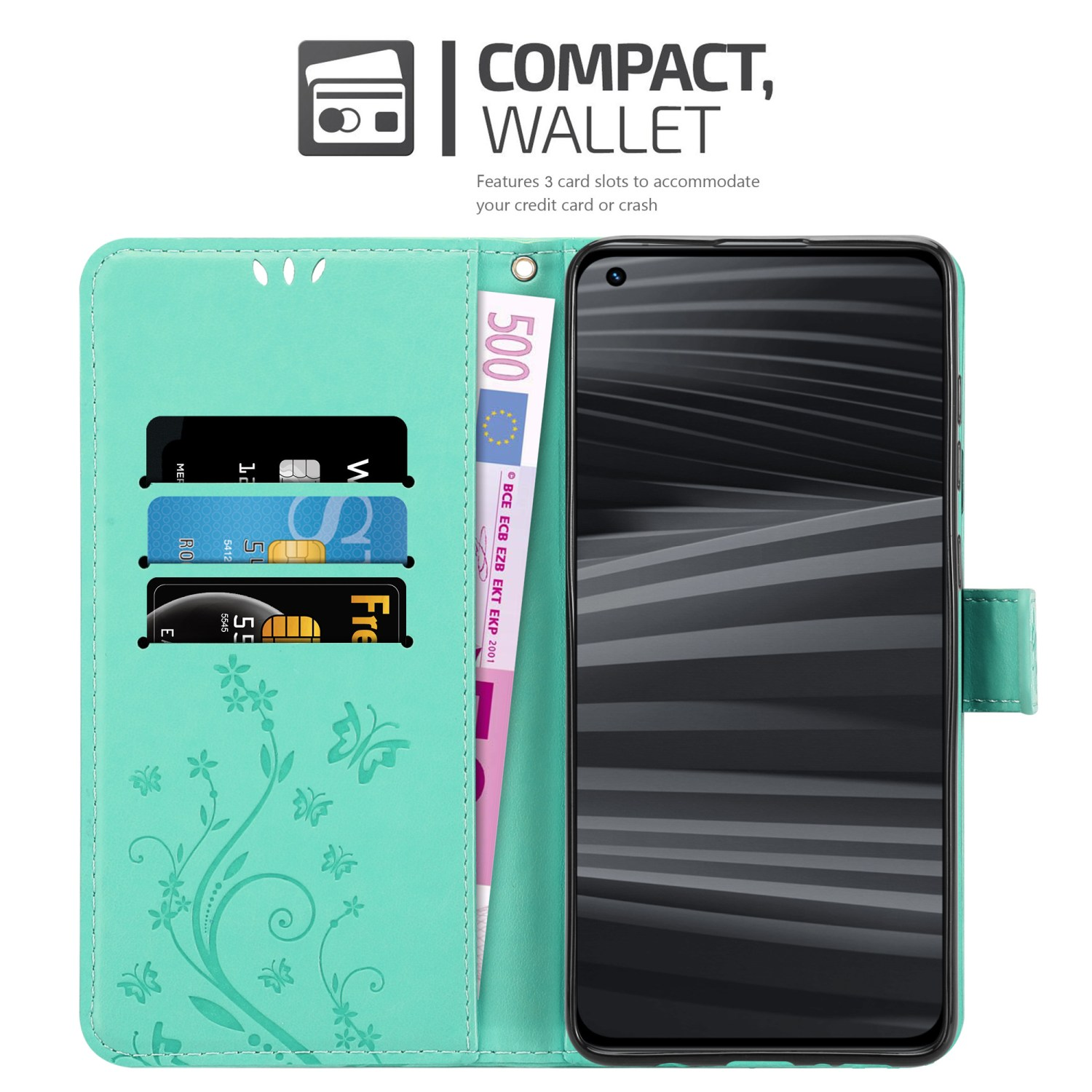 Custodia verde acqua aperta con telefono, tre carte e banconota da 500 euro. Design floreale a sinistra.