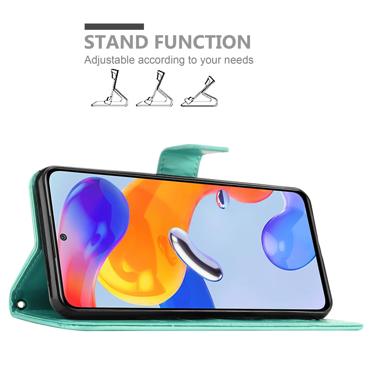Un telefono in una custodia verde acqua, con lo schermo del telefono che mostra un display colorato. La custodia è aperta.