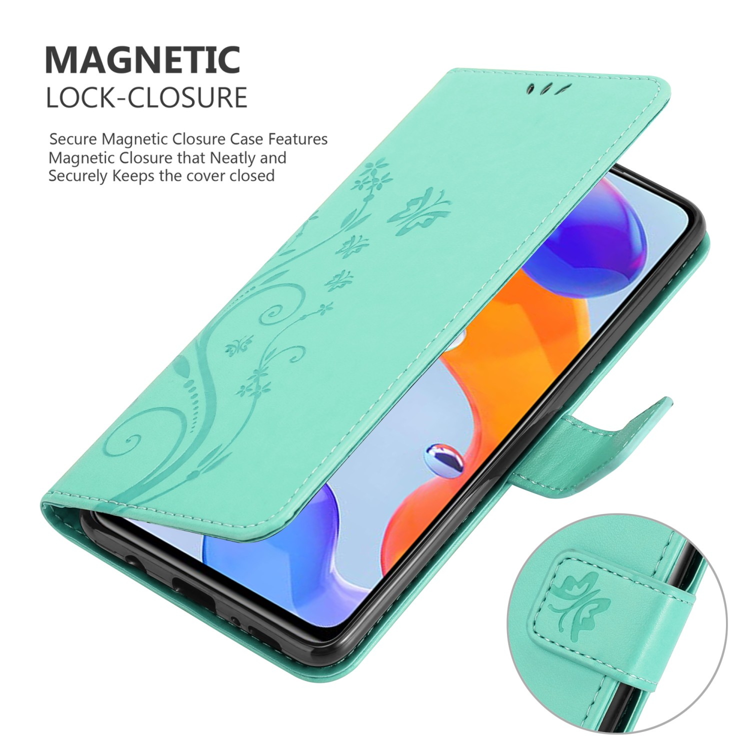 Custodia verde con telefono aperto. La custodia ha un design. La custodia è dotata di chiusura magnetica.